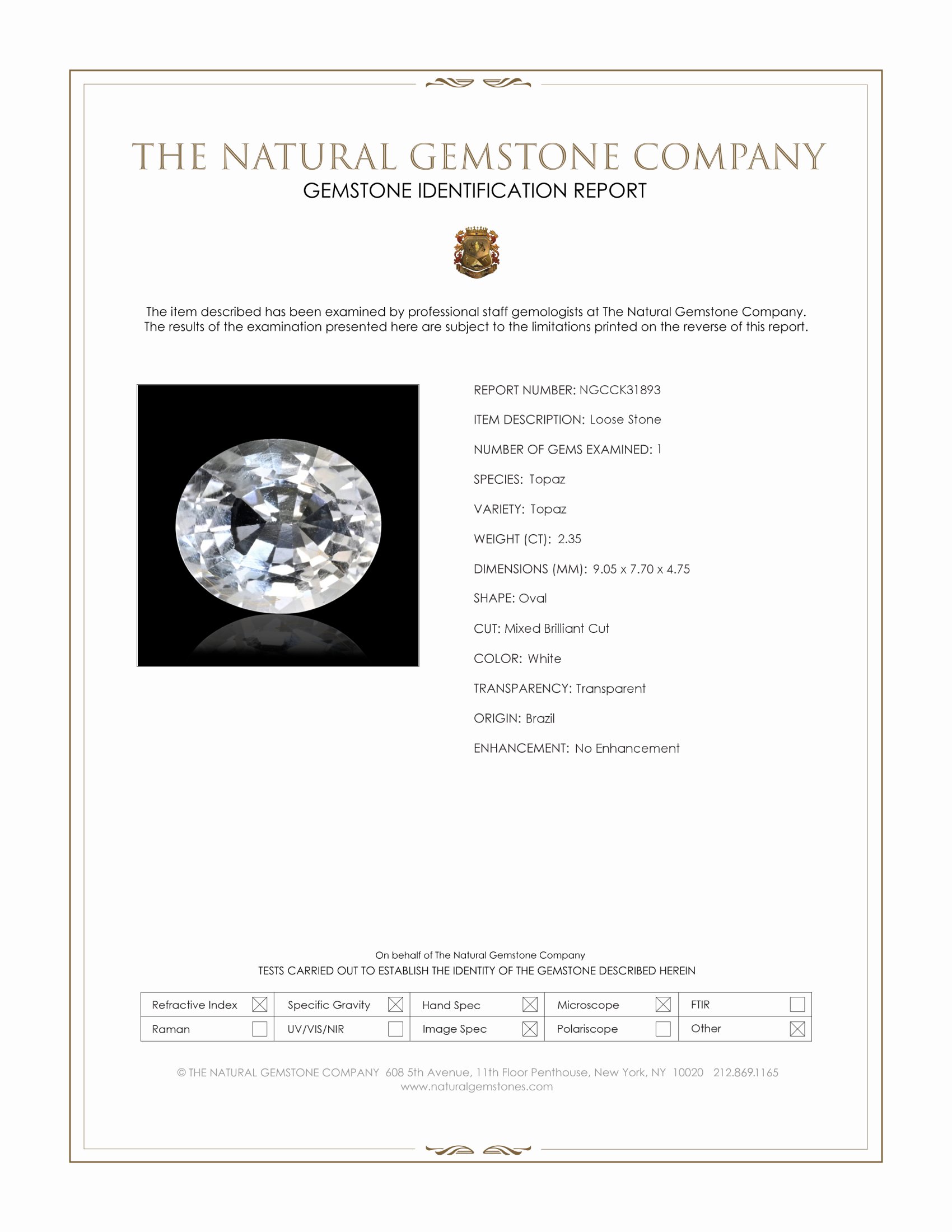 2.35 Ct. White Topaz from Brazil