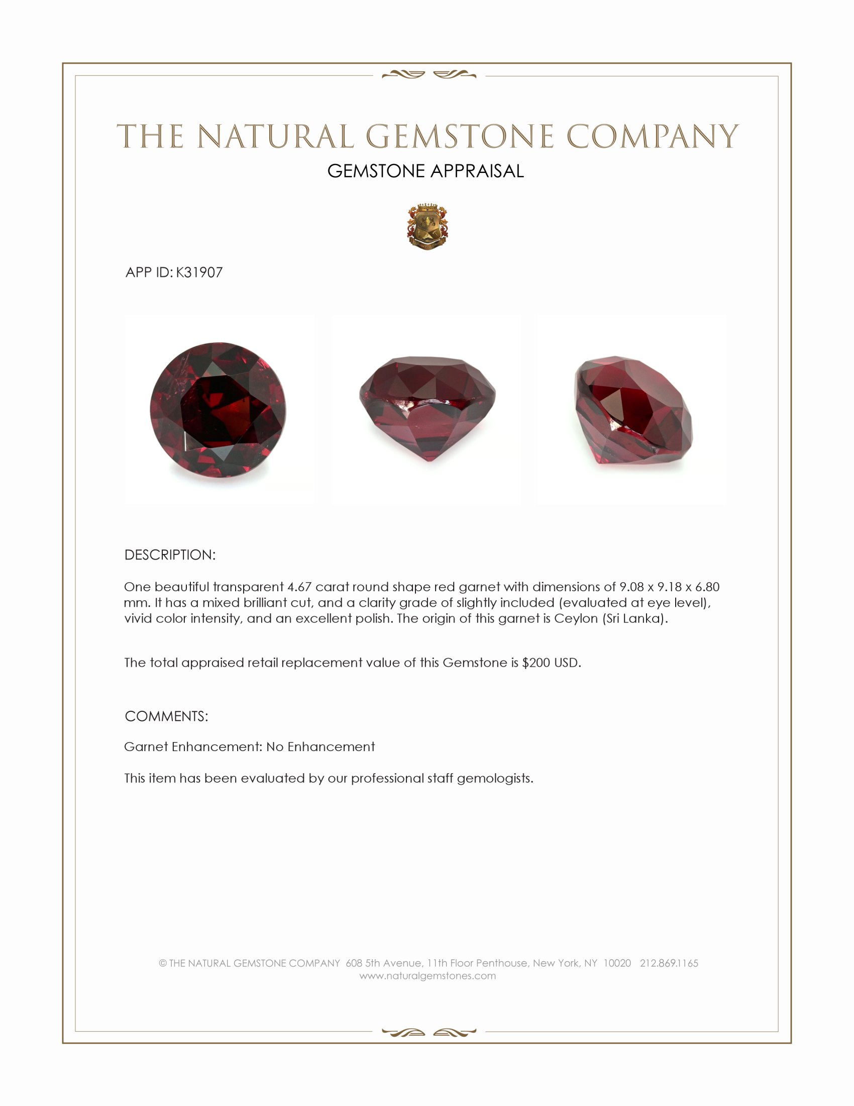 4.67 Ct. Red Garnet from Ceylon (Sri Lanka)