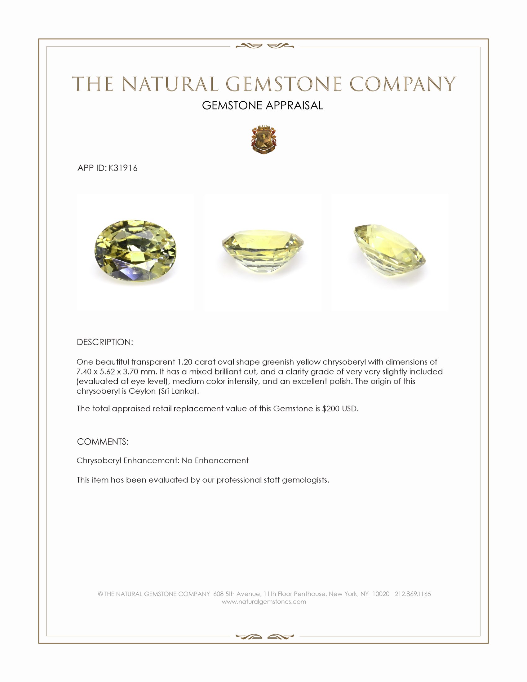 1.20 Ct. Greenish Yellow Chrysoberyl from Ceylon (Sri Lanka)