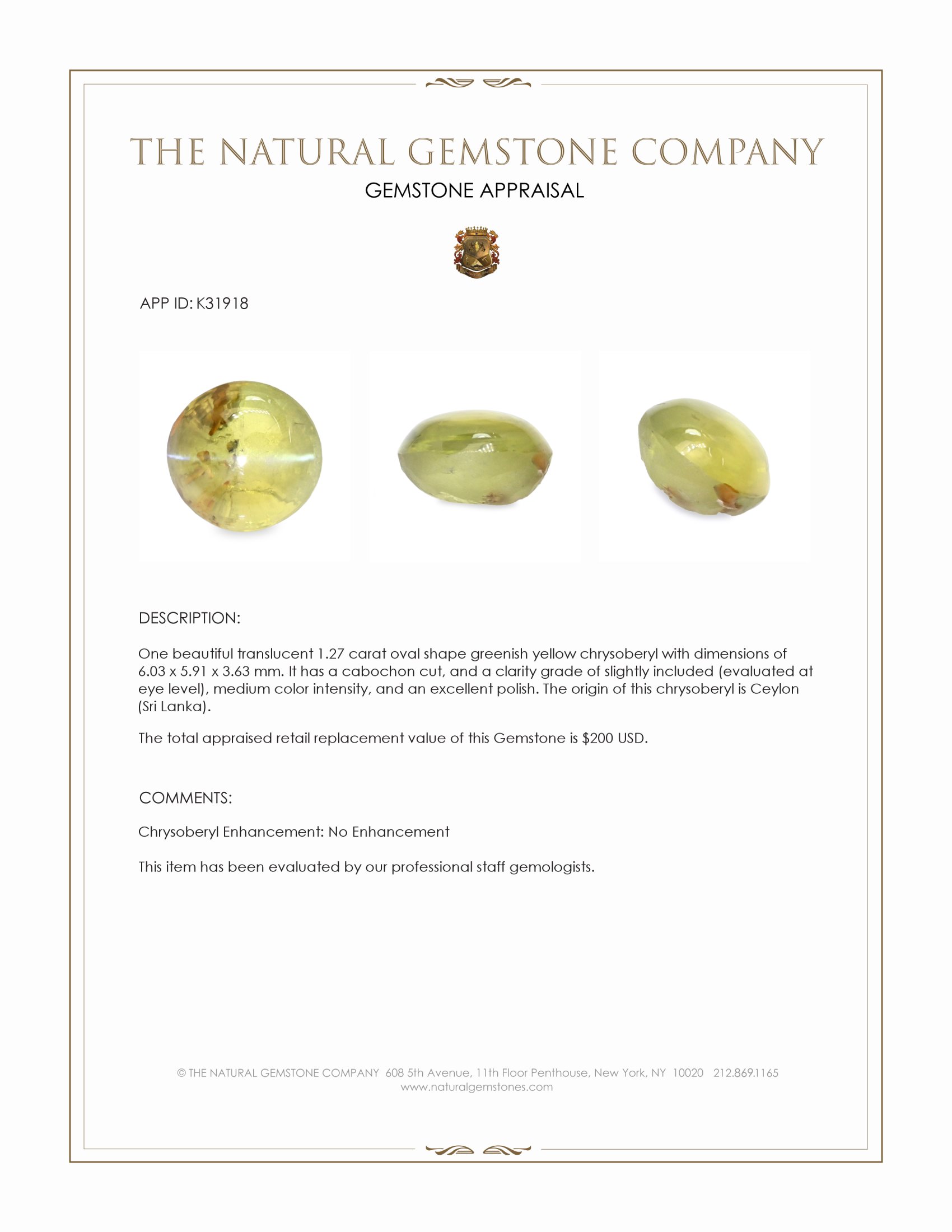 1.27 Ct. Greenish Yellow Cabochon Chrysoberyl from Ceylon (Sri Lanka)