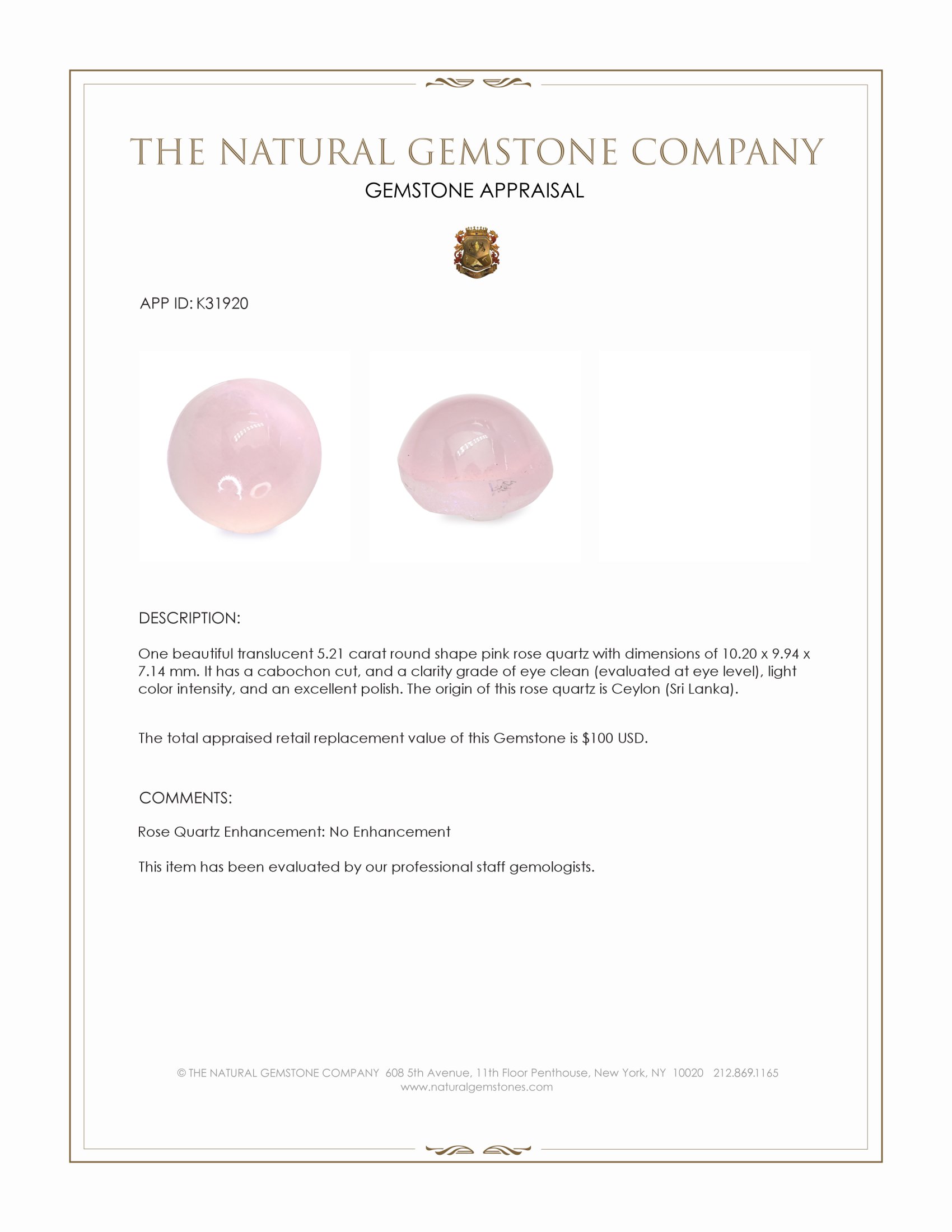 5.21 Ct. Pink Cabochon Rose Quartz from Ceylon (Sri Lanka)