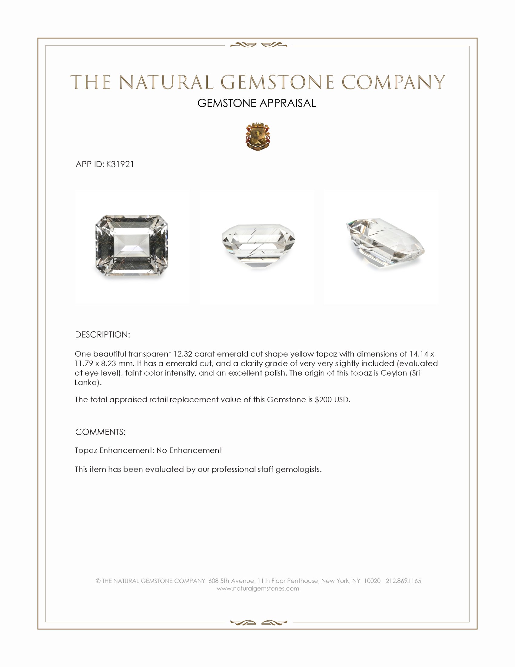 12.32 Ct. Yellow Topaz from Ceylon (Sri Lanka)