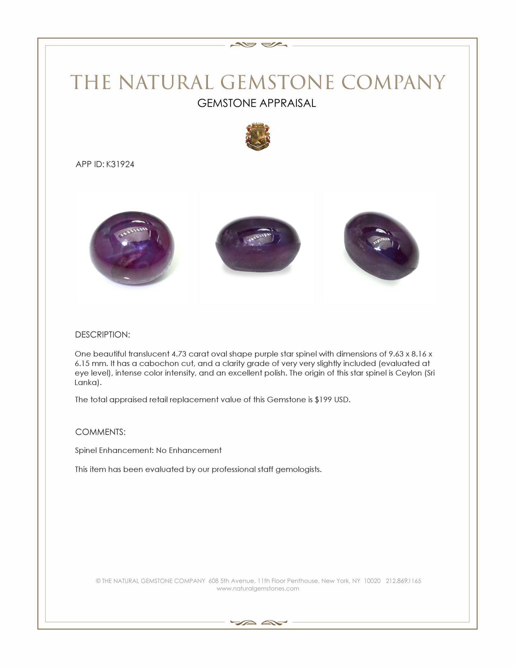 4.73 Ct. Purple Cabochon Star Spinel from Ceylon (Sri Lanka)
