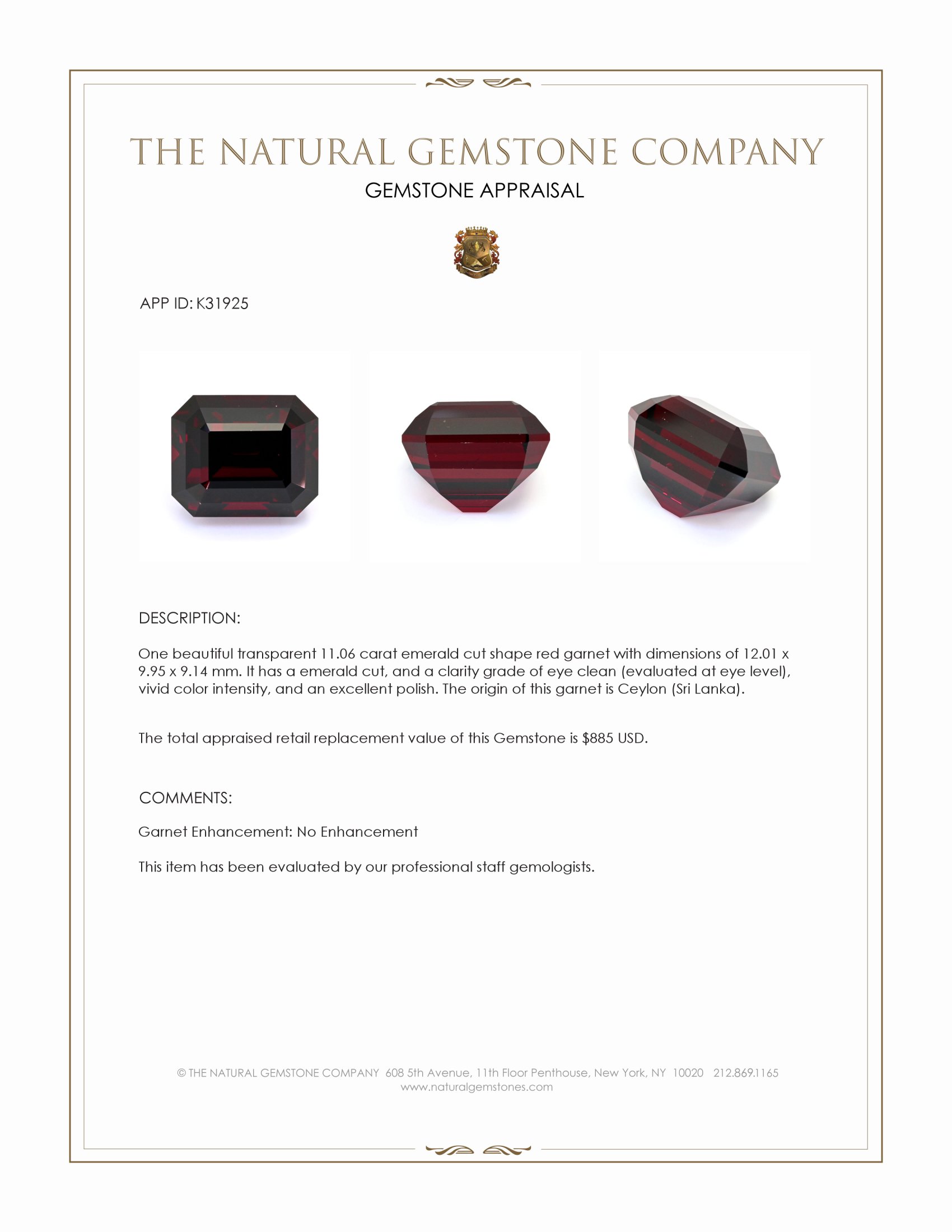 11.06 Ct. Red Garnet from Ceylon (Sri Lanka)