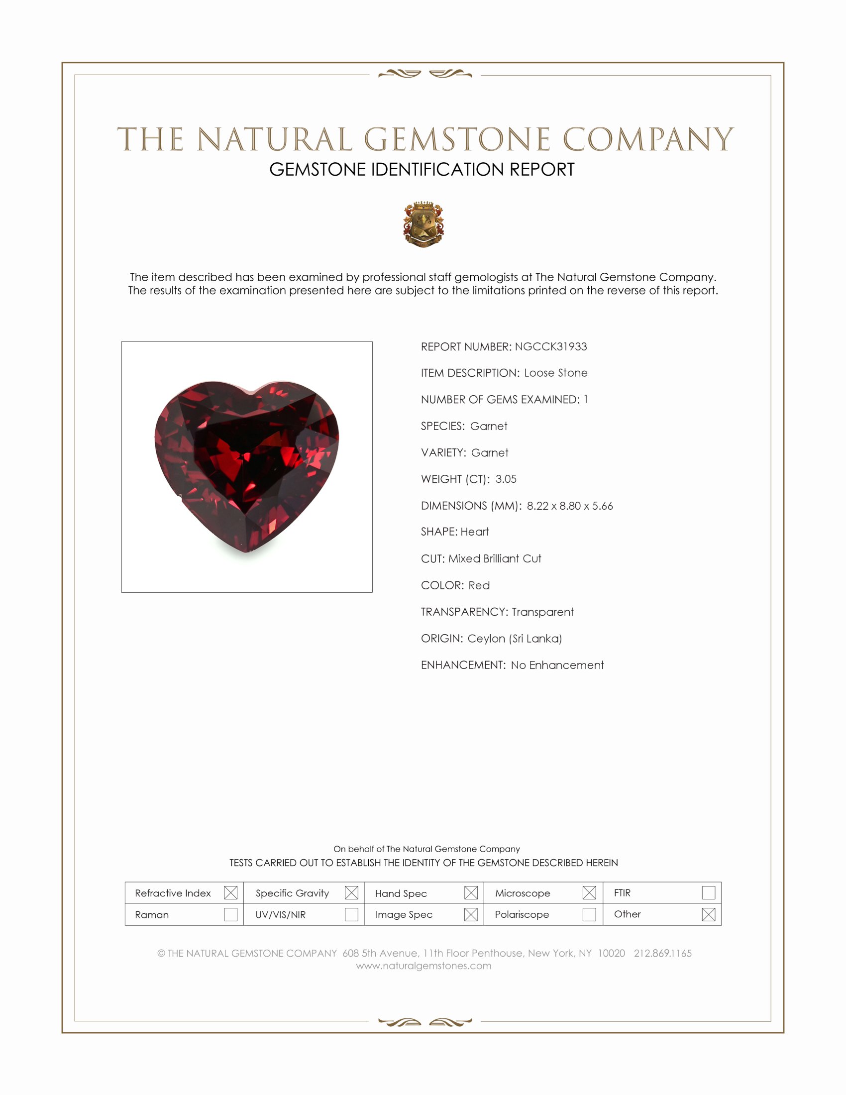 3.05 Ct. Red Garnet from Ceylon (Sri Lanka)