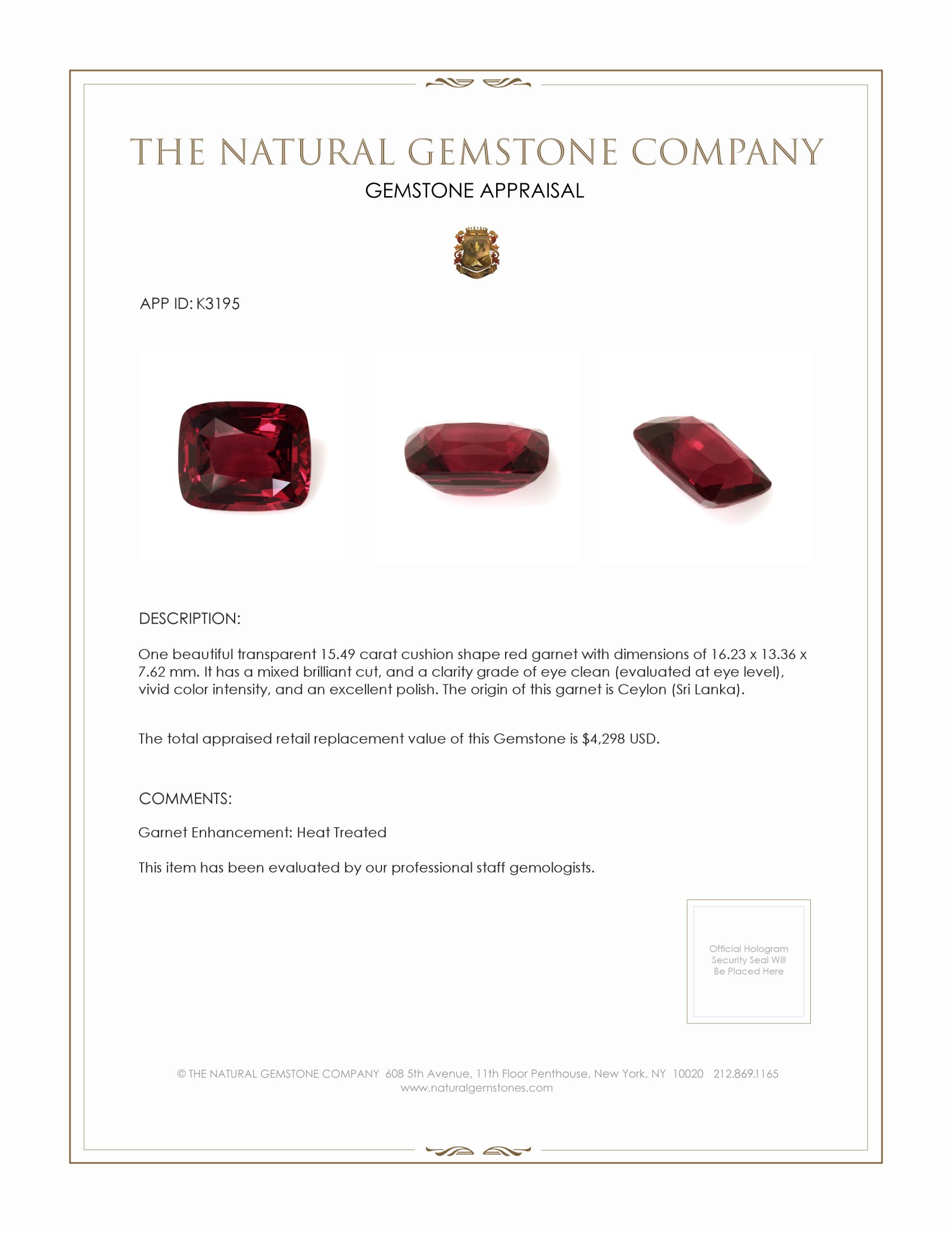 15.49 Ct. Garnet from Ceylon (Sri Lanka)