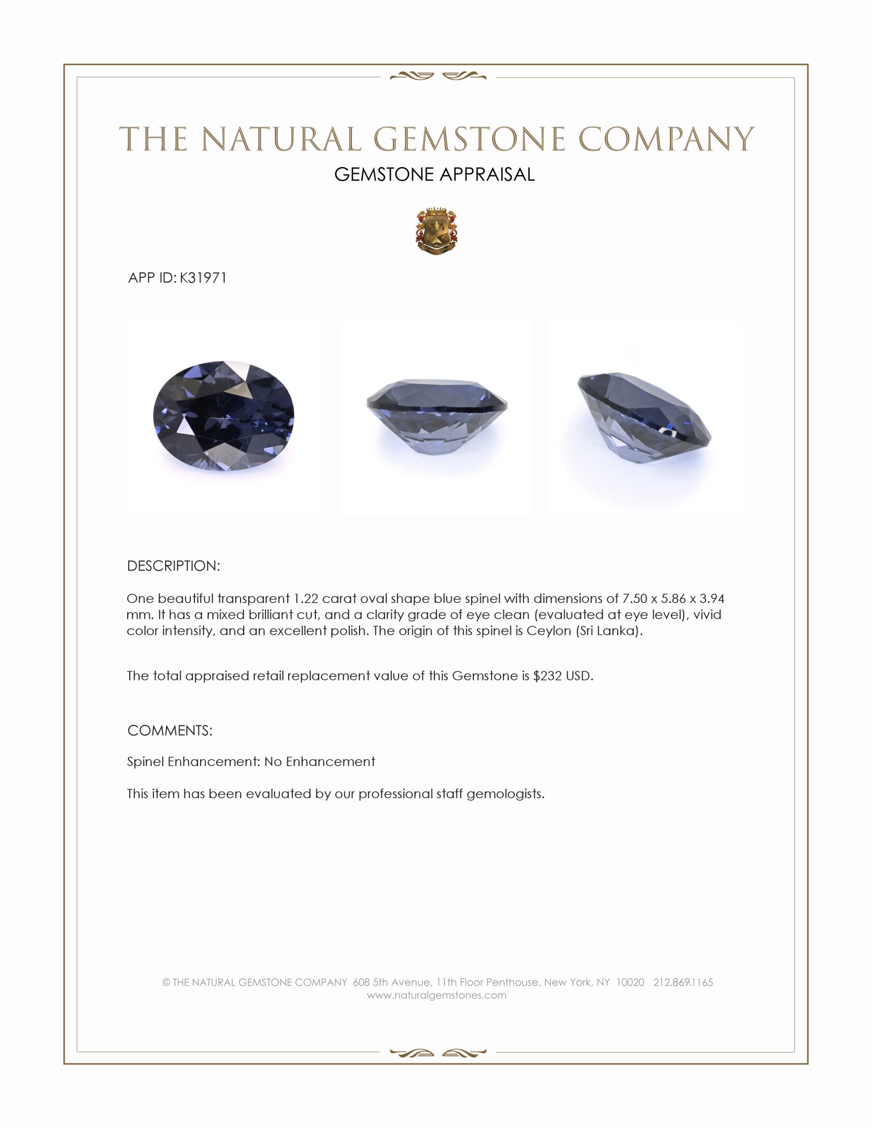 1.22 Ct. Blue Spinel from Ceylon (Sri Lanka)