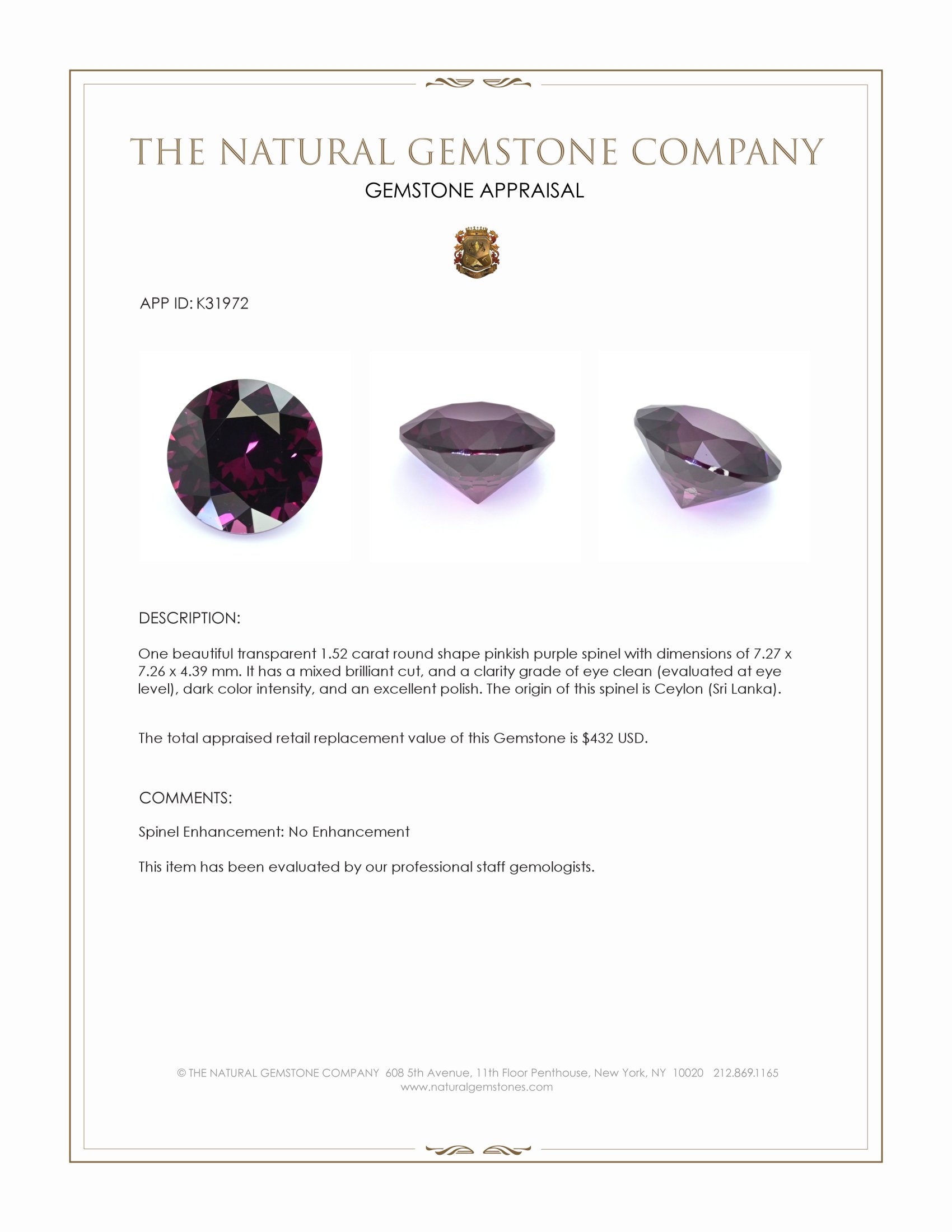 1.52 Ct. Pinkish Purple Spinel from Ceylon (Sri Lanka)