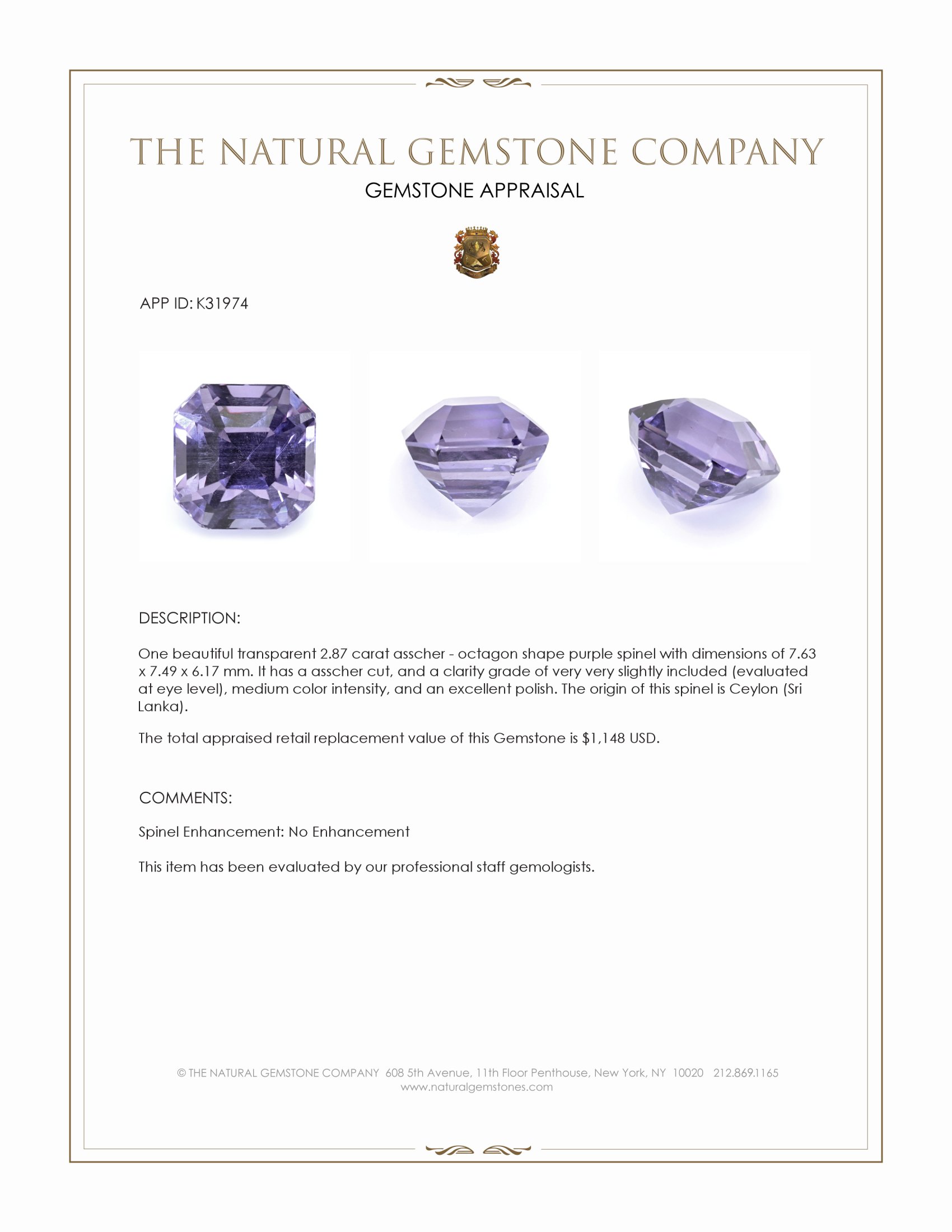 2.87 Ct. Purple Spinel from Ceylon (Sri Lanka)