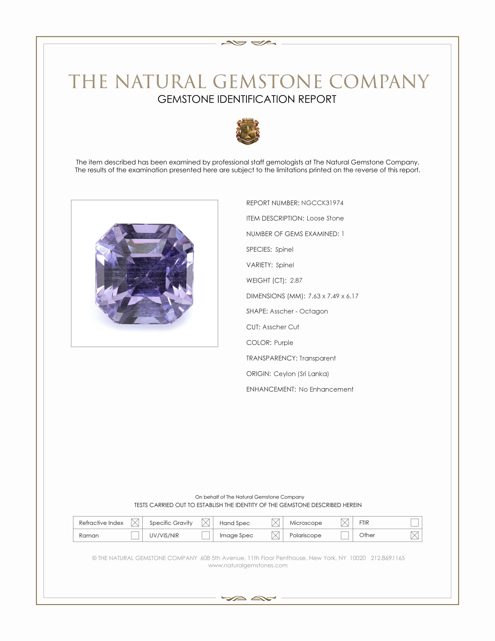 2.87 Ct. Purple Spinel from Ceylon (Sri Lanka)