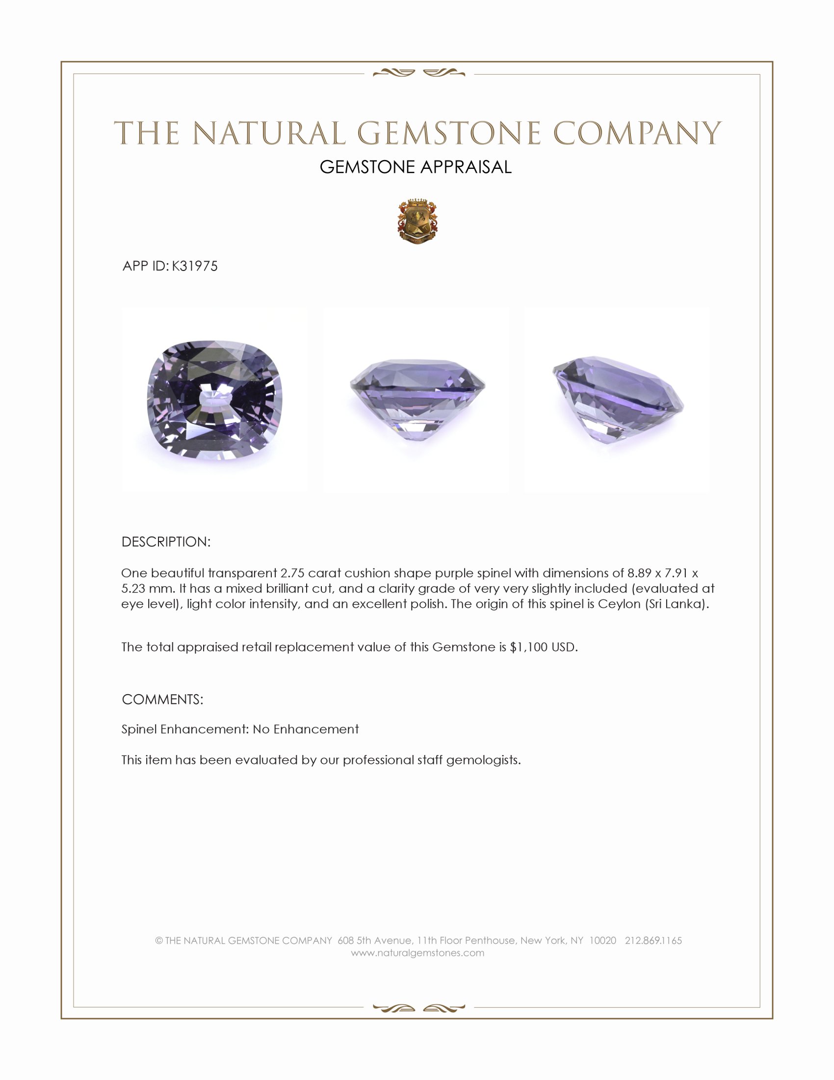 2.75 Ct. Purple Spinel from Ceylon (Sri Lanka)
