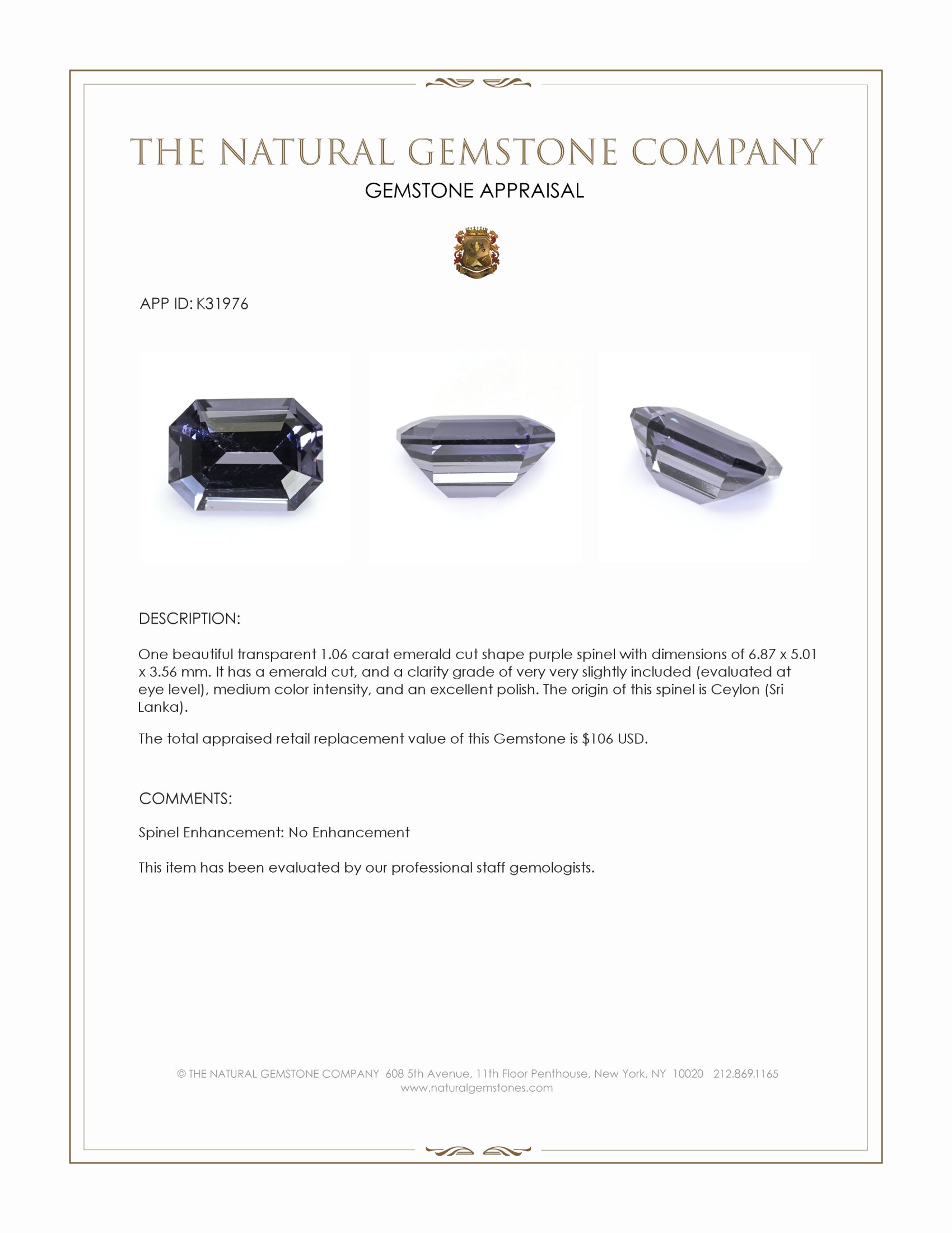 1.06 Ct. Purple Spinel from Ceylon (Sri Lanka)