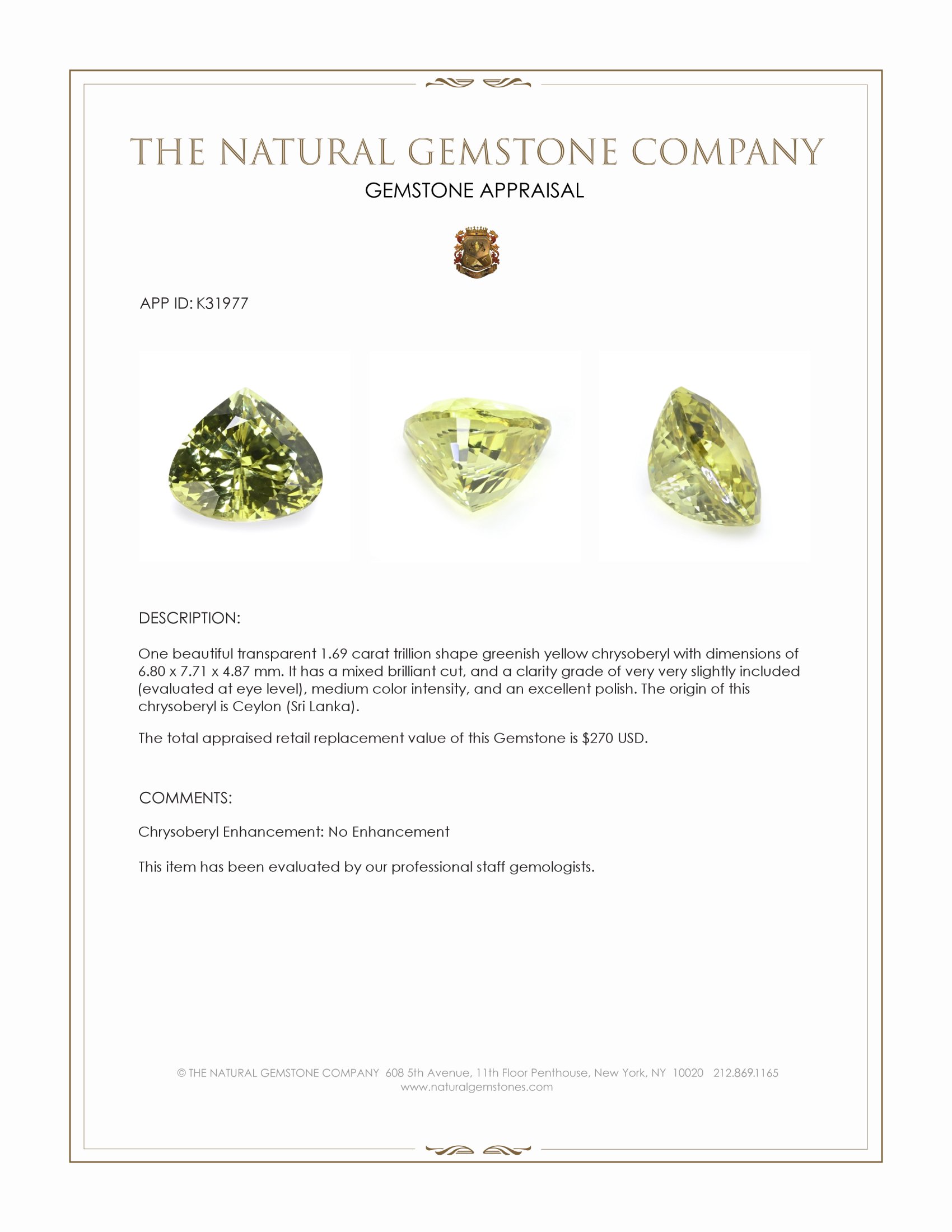 1.69 Ct. Greenish Yellow Chrysoberyl from Ceylon (Sri Lanka)