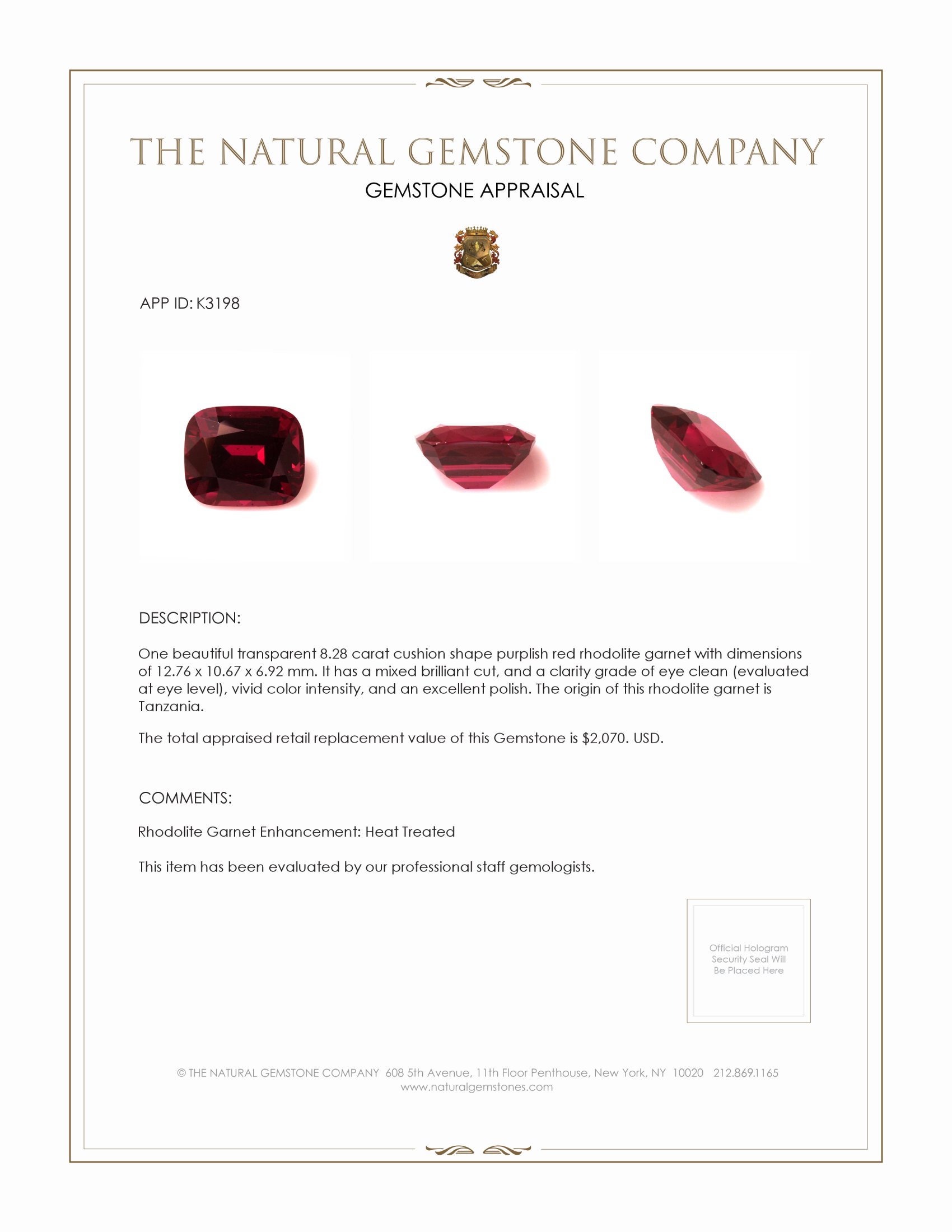 8.28 Ct. Rhodolite Garnet from Tanzania