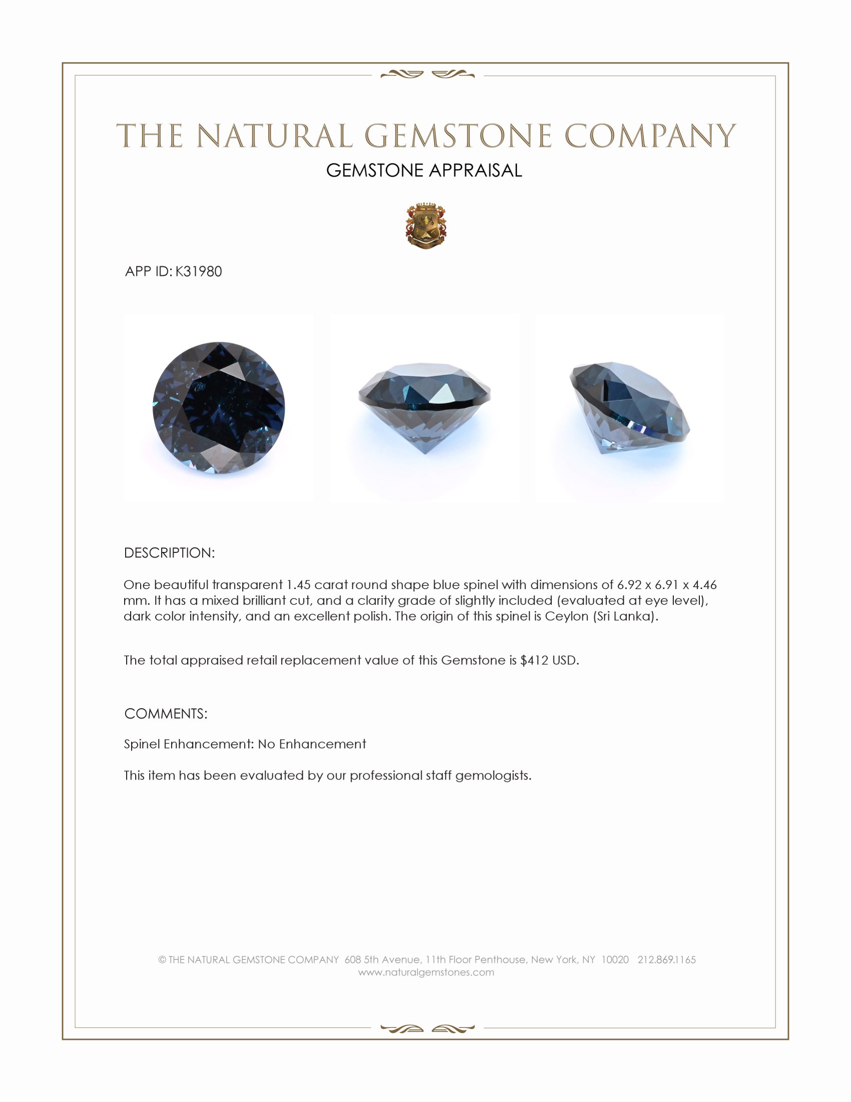 1.45 Ct. Blue Spinel from Ceylon (Sri Lanka)