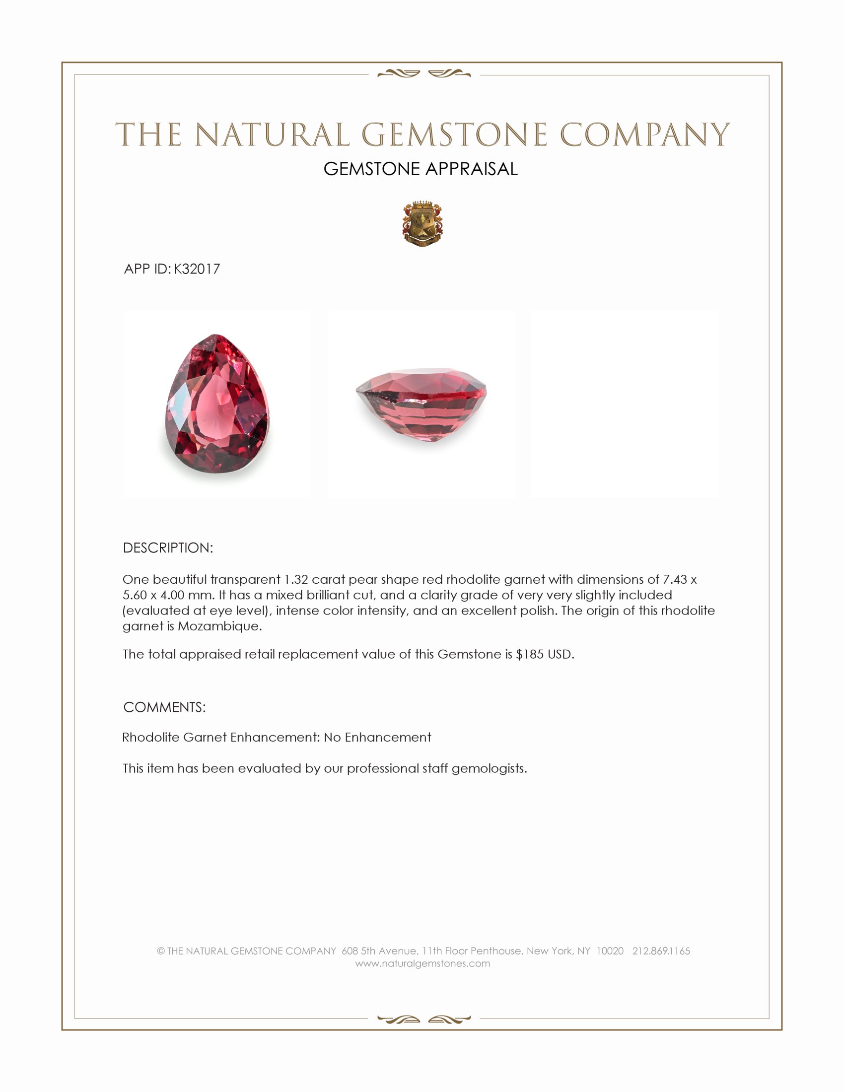 1.32 Ct. Red Rhodolite Garnet from Mozambique