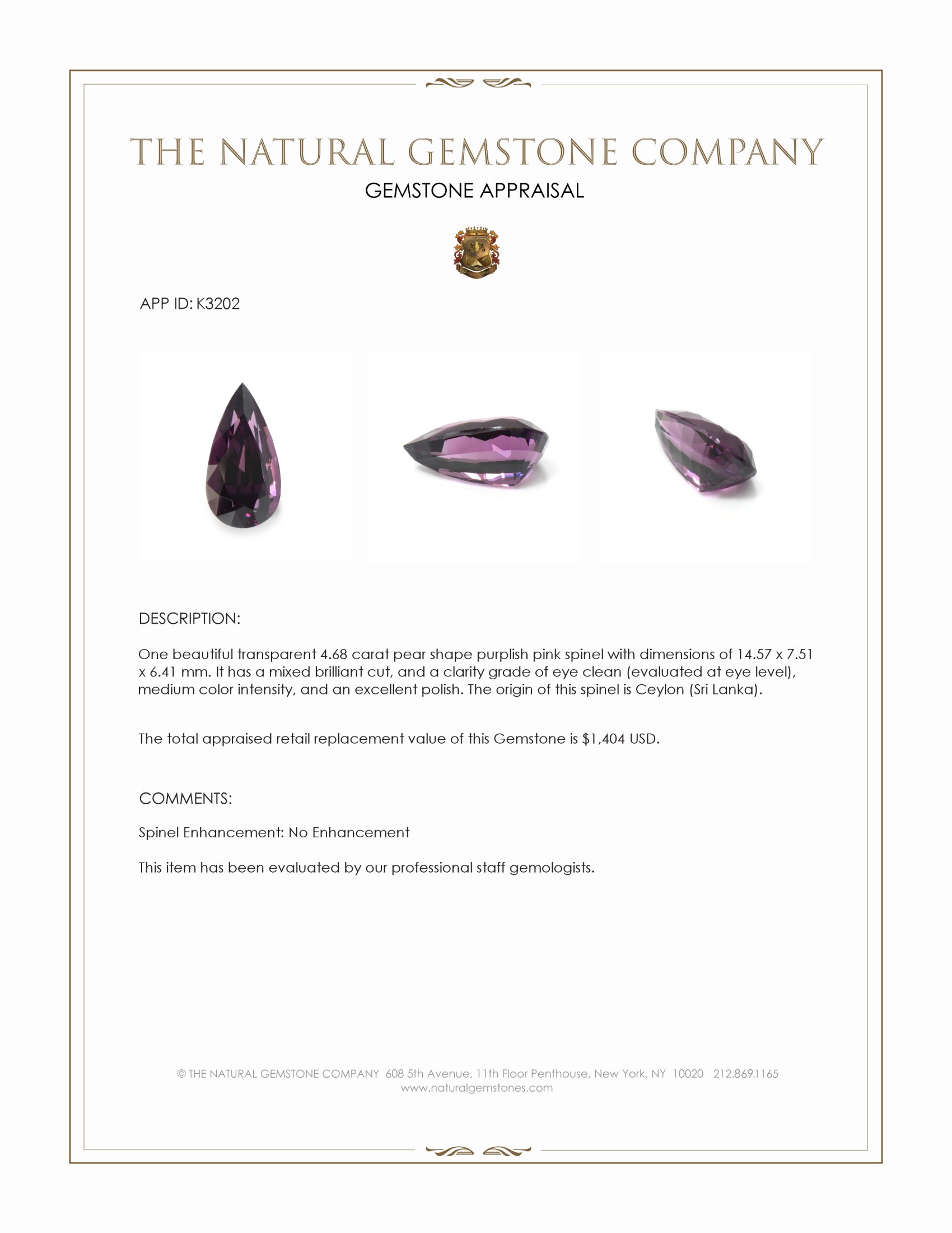 4.68 Ct. Purplish Pink Spinel from Ceylon (Sri Lanka)