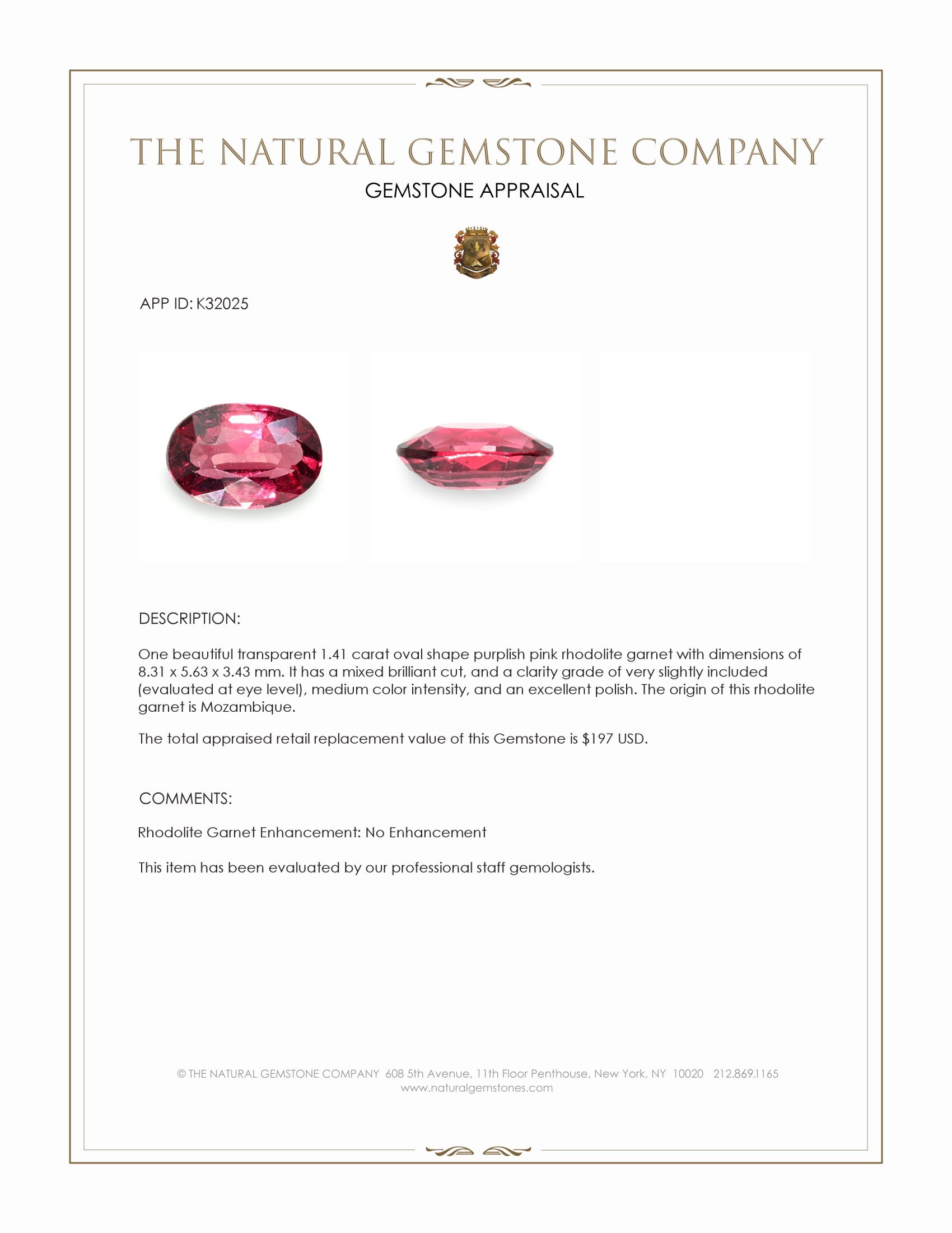 1.41 Ct. Purplish Pink Rhodolite Garnet from Mozambique
