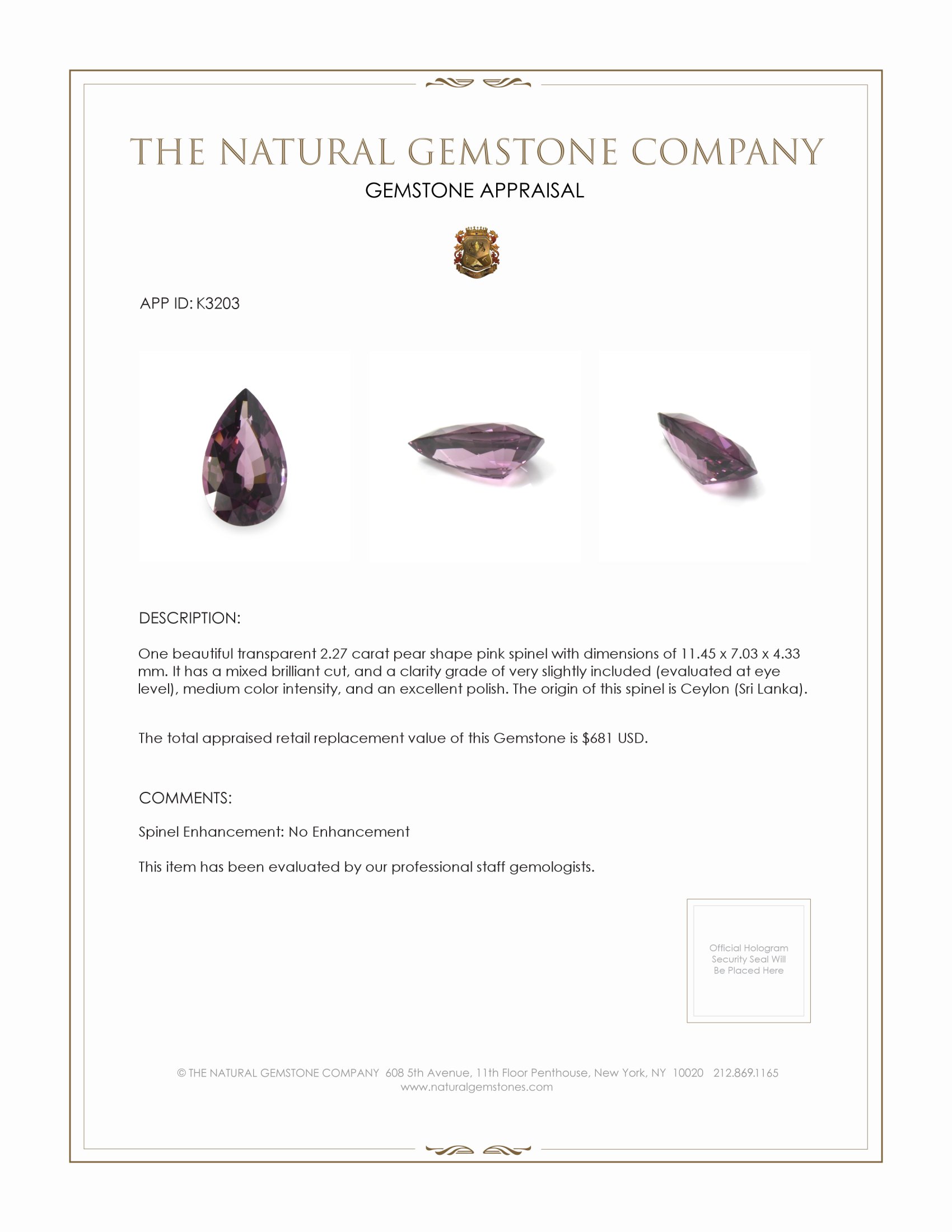 2.27 Ct. Purple Spinel from Ceylon (Sri Lanka)