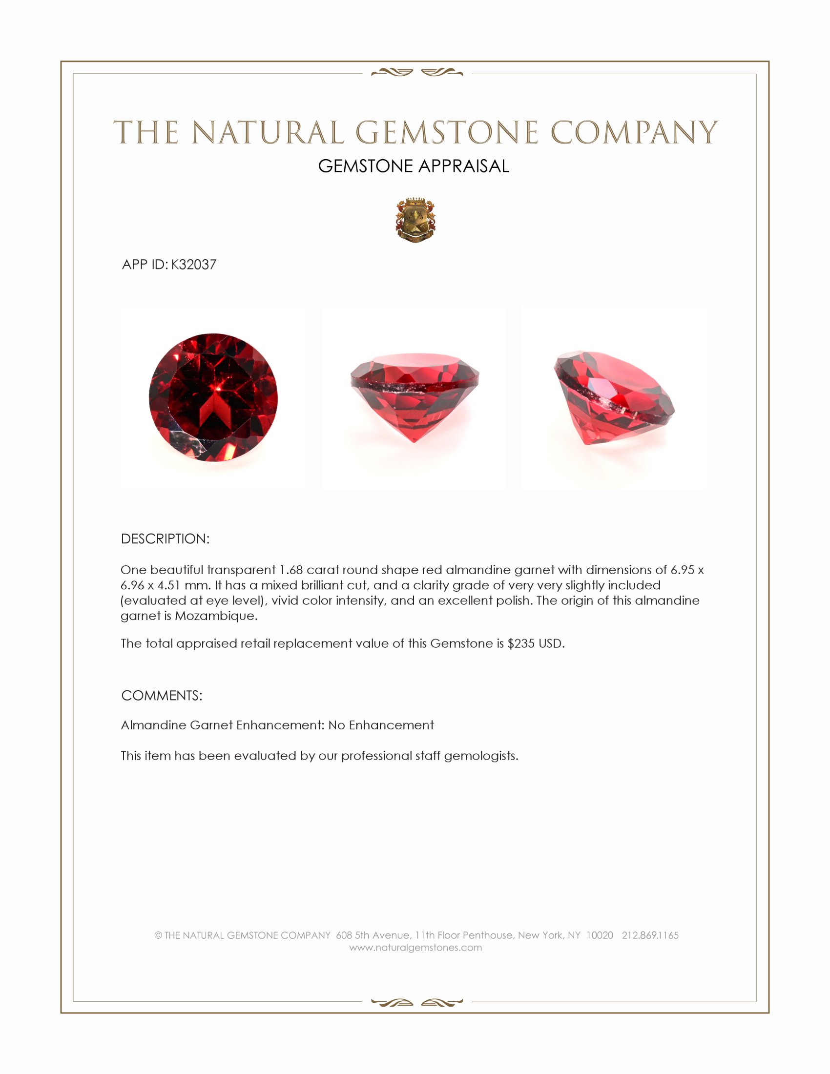 1.68 Ct. Red Almandine Garnet from Mozambique