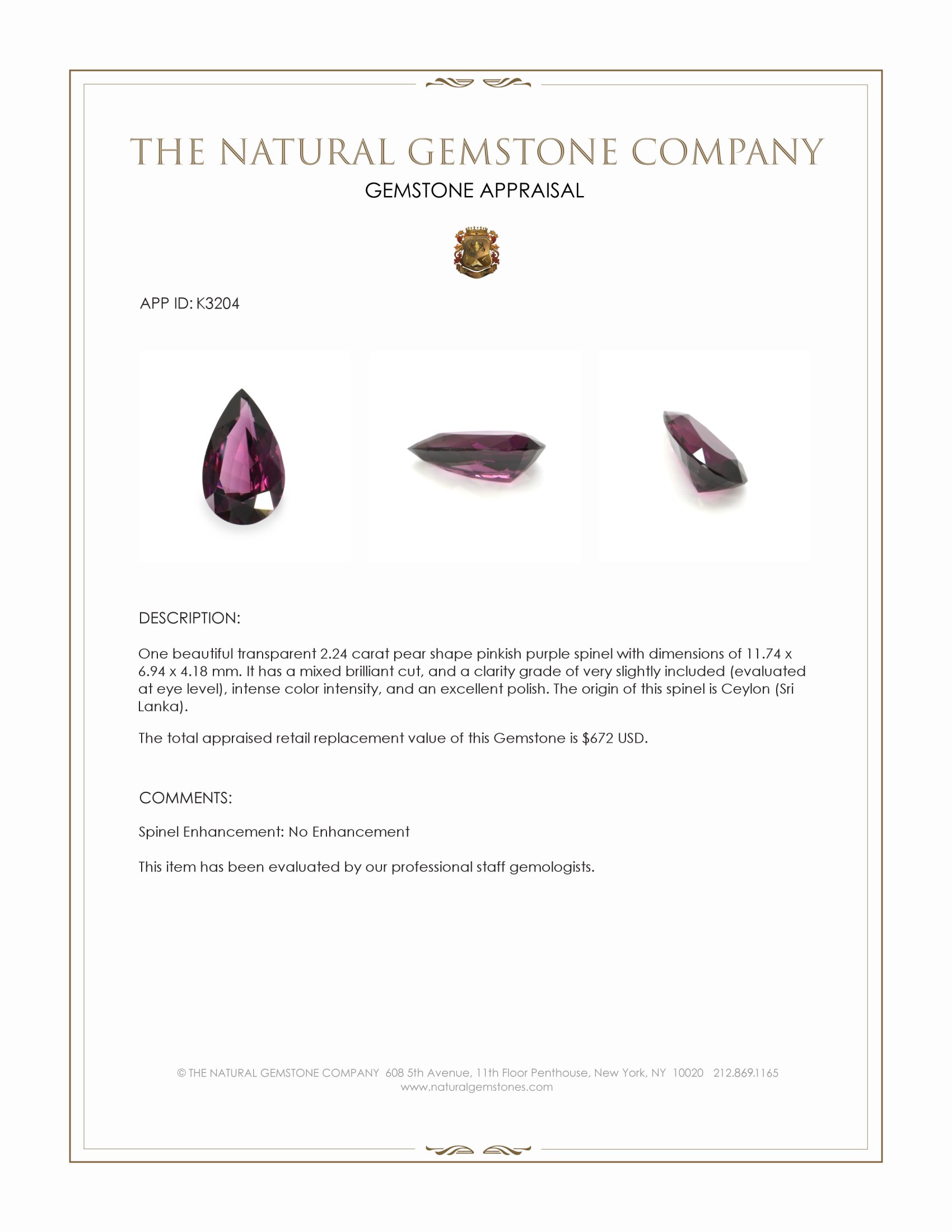 2.24 Ct. Pinkish Purple Spinel from Ceylon (Sri Lanka)