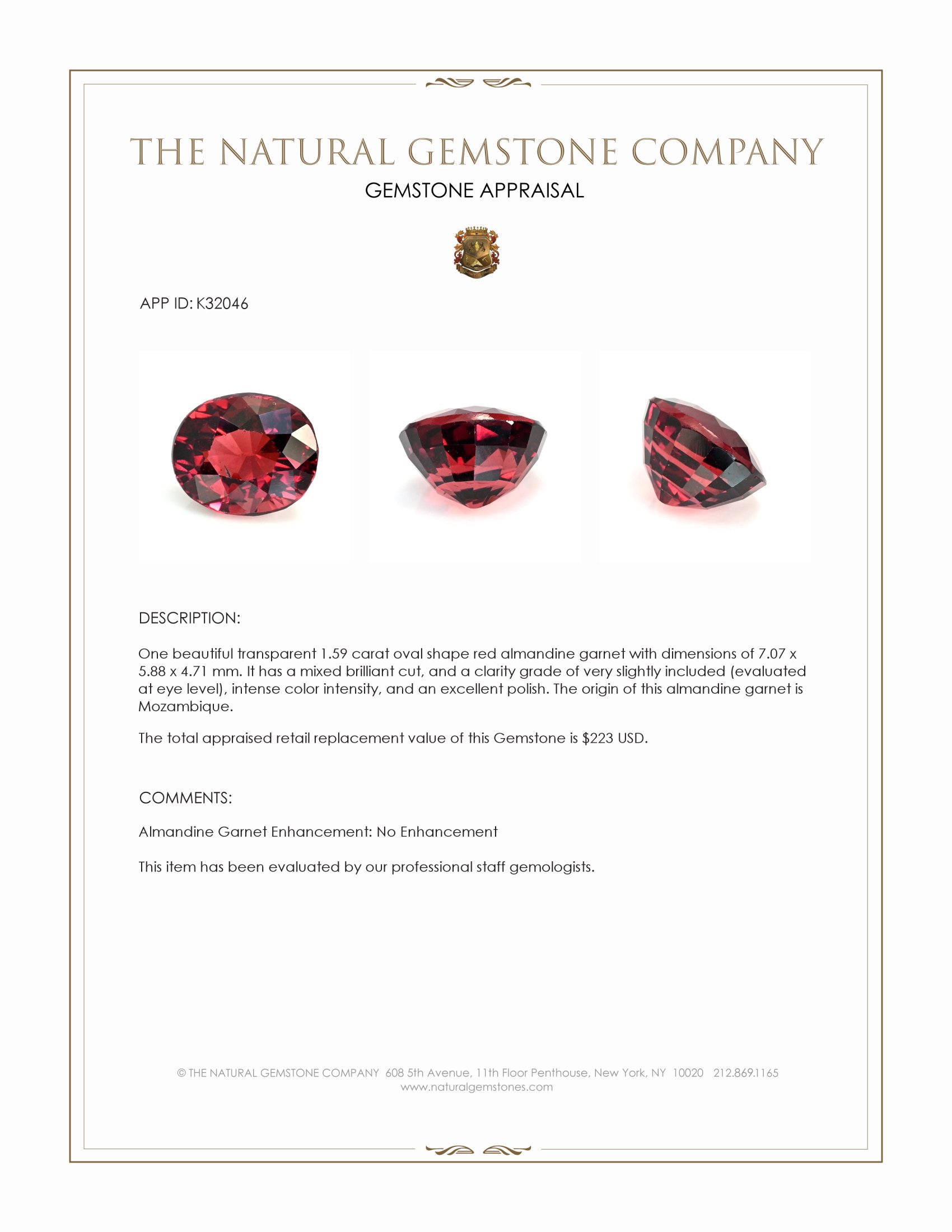 1.59 Ct. Red Almandine Garnet from Mozambique