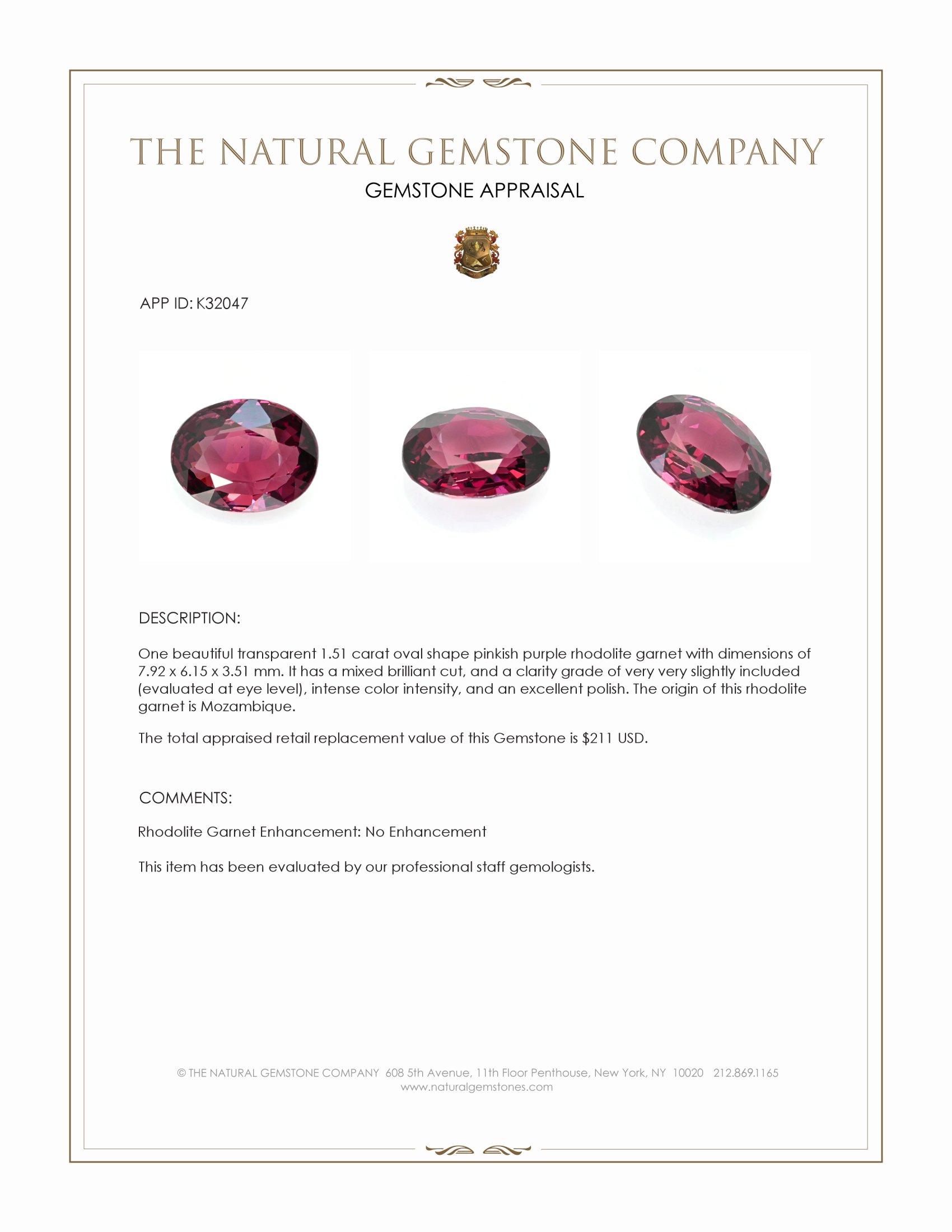 1.51 Ct. Pinkish Purple Rhodolite Garnet from Mozambique