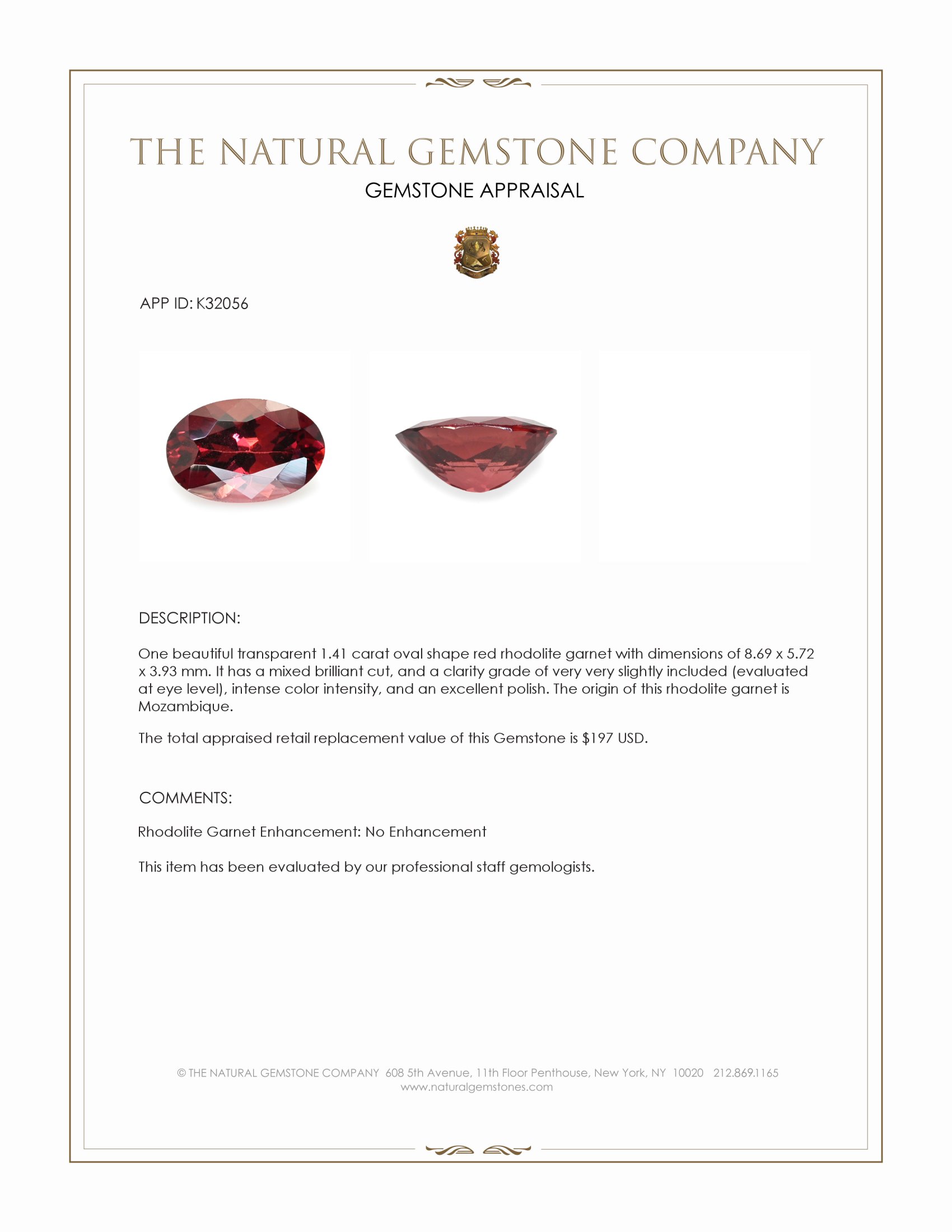 1.41 Ct. Red Rhodolite Garnet from Mozambique