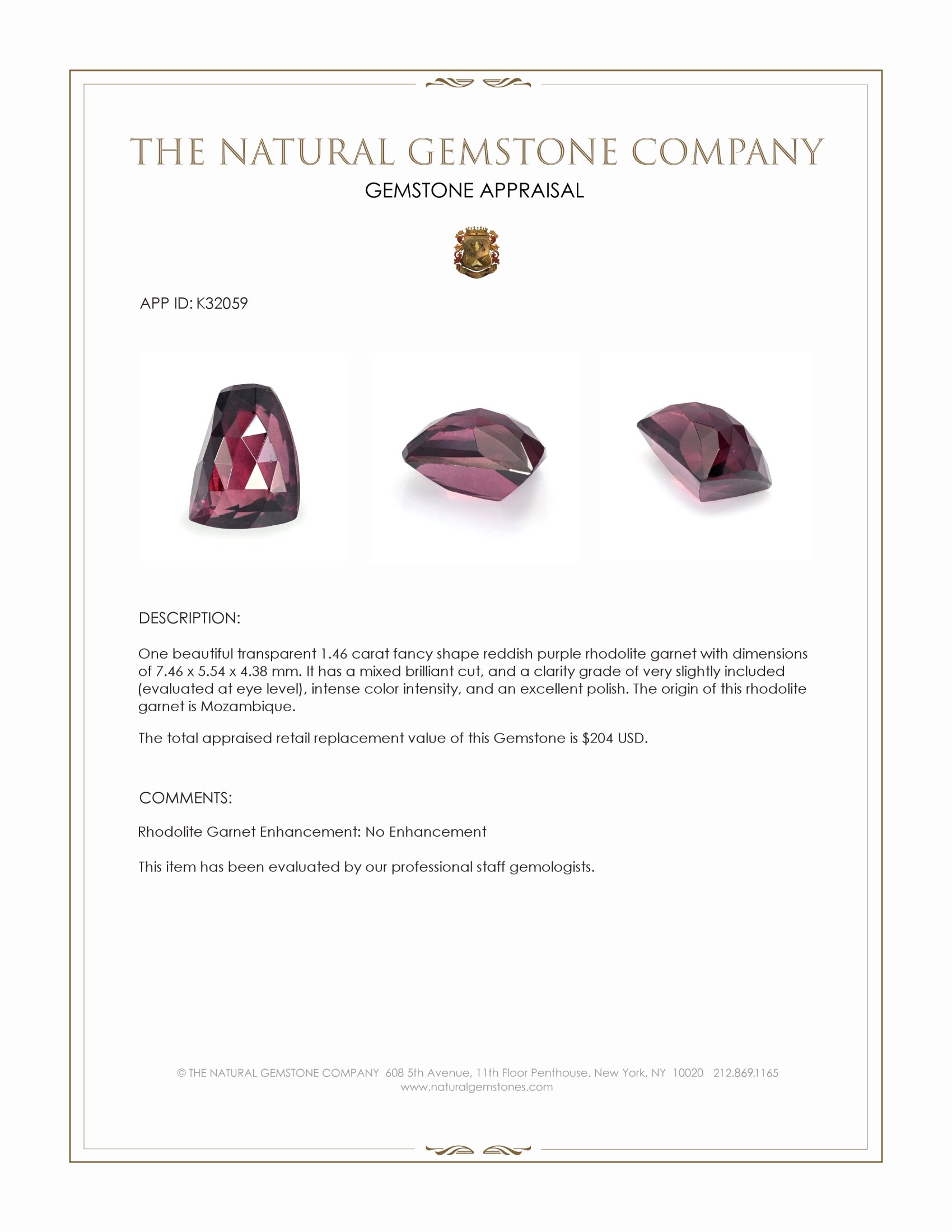 1.46 Ct. Reddish Purple Rhodolite Garnet from Mozambique