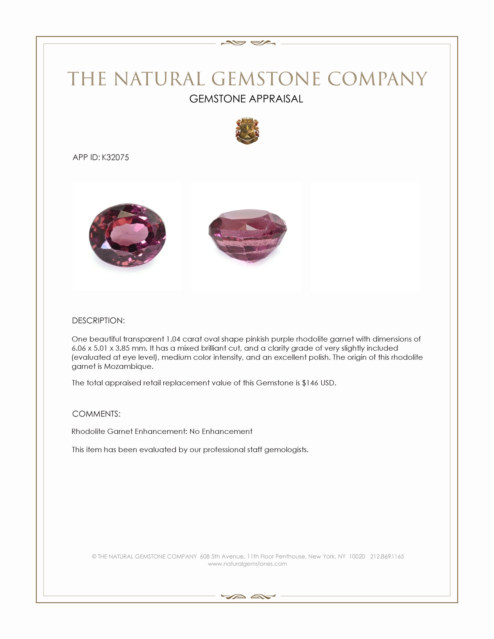 1.04 Ct. Pinkish Purple Rhodolite Garnet from Mozambique