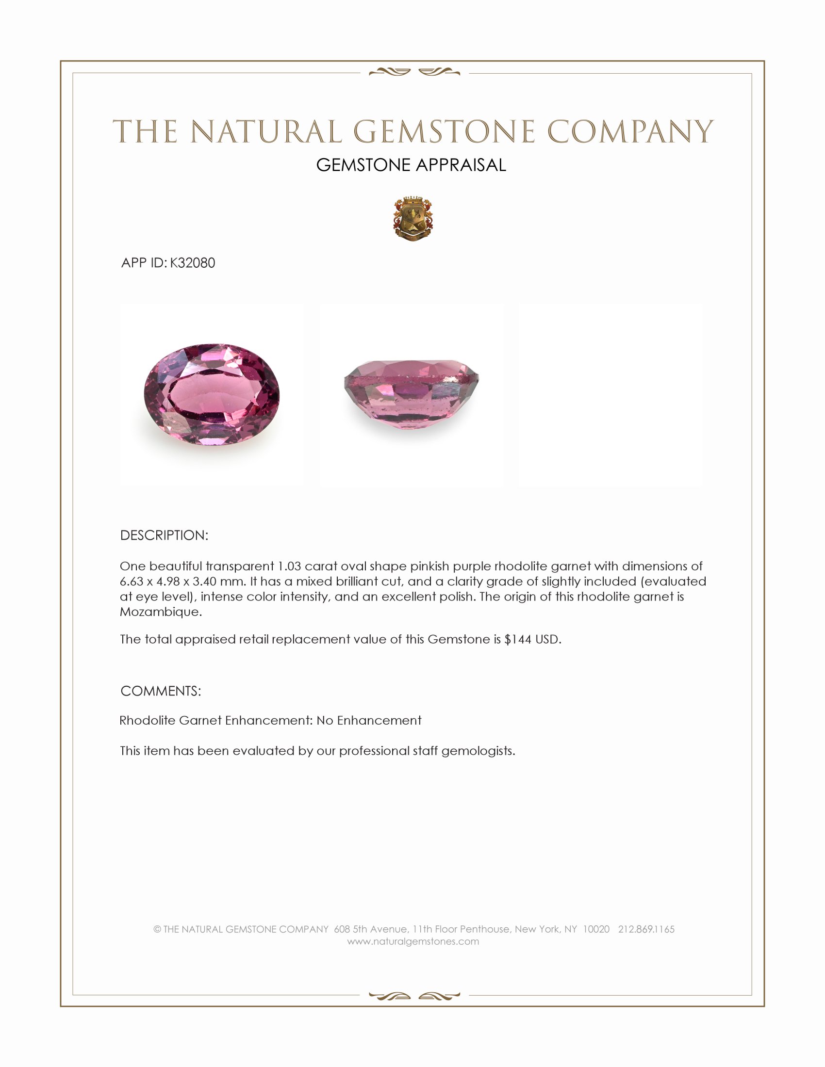 1.03 Ct. Pinkish Purple Rhodolite Garnet from Mozambique