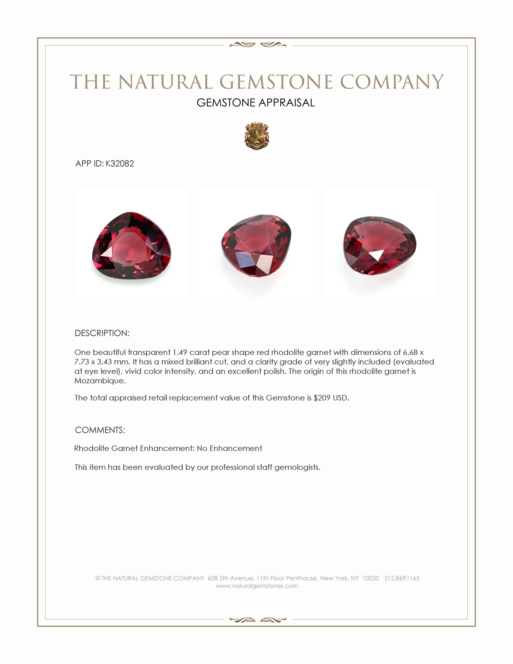 1.49 Ct. Red Rhodolite Garnet from Mozambique