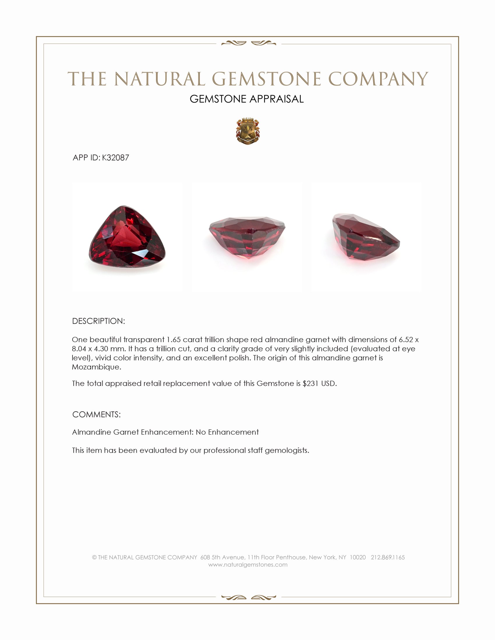 1.65 Ct. Red Almandine Garnet from Mozambique