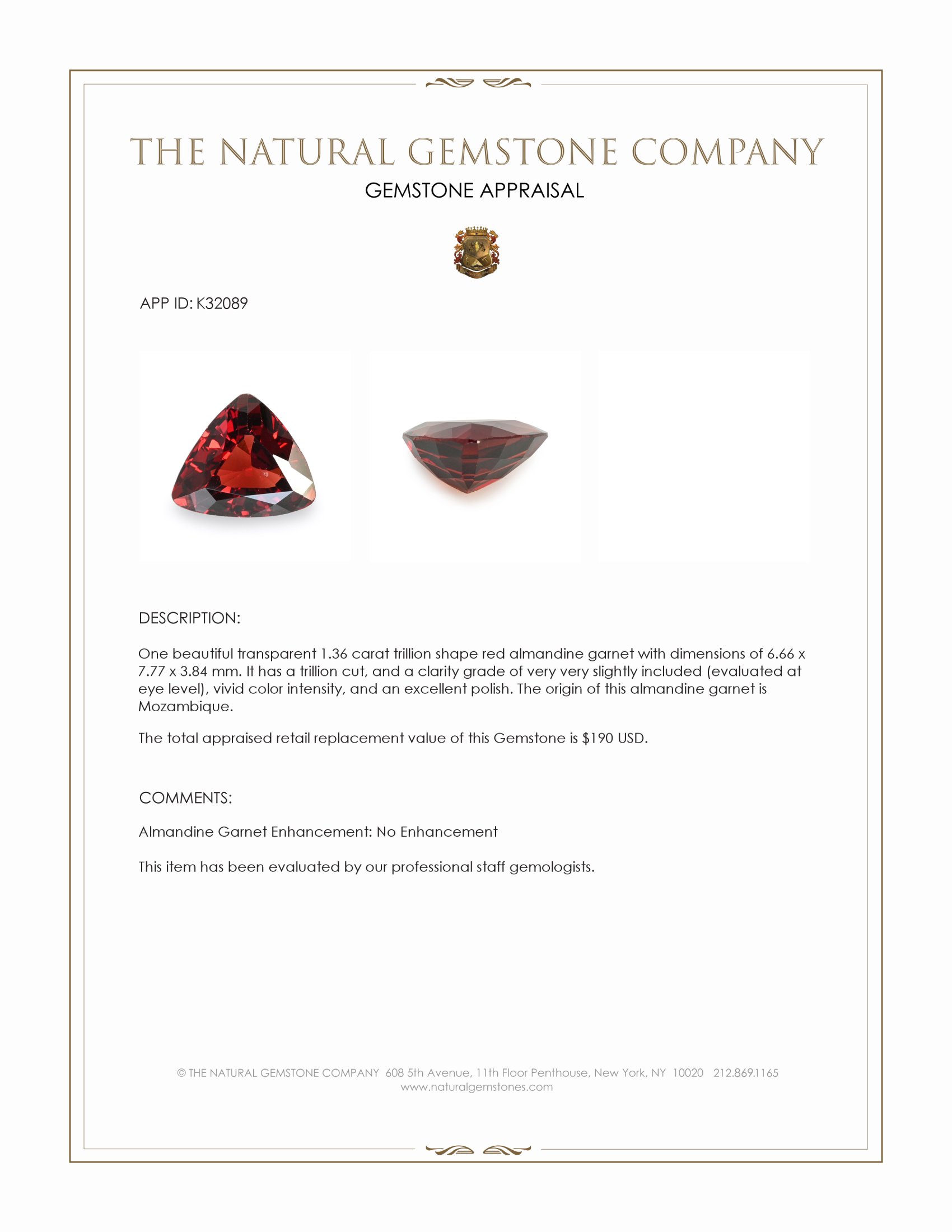 1.36 Ct. Red Almandine Garnet from Mozambique