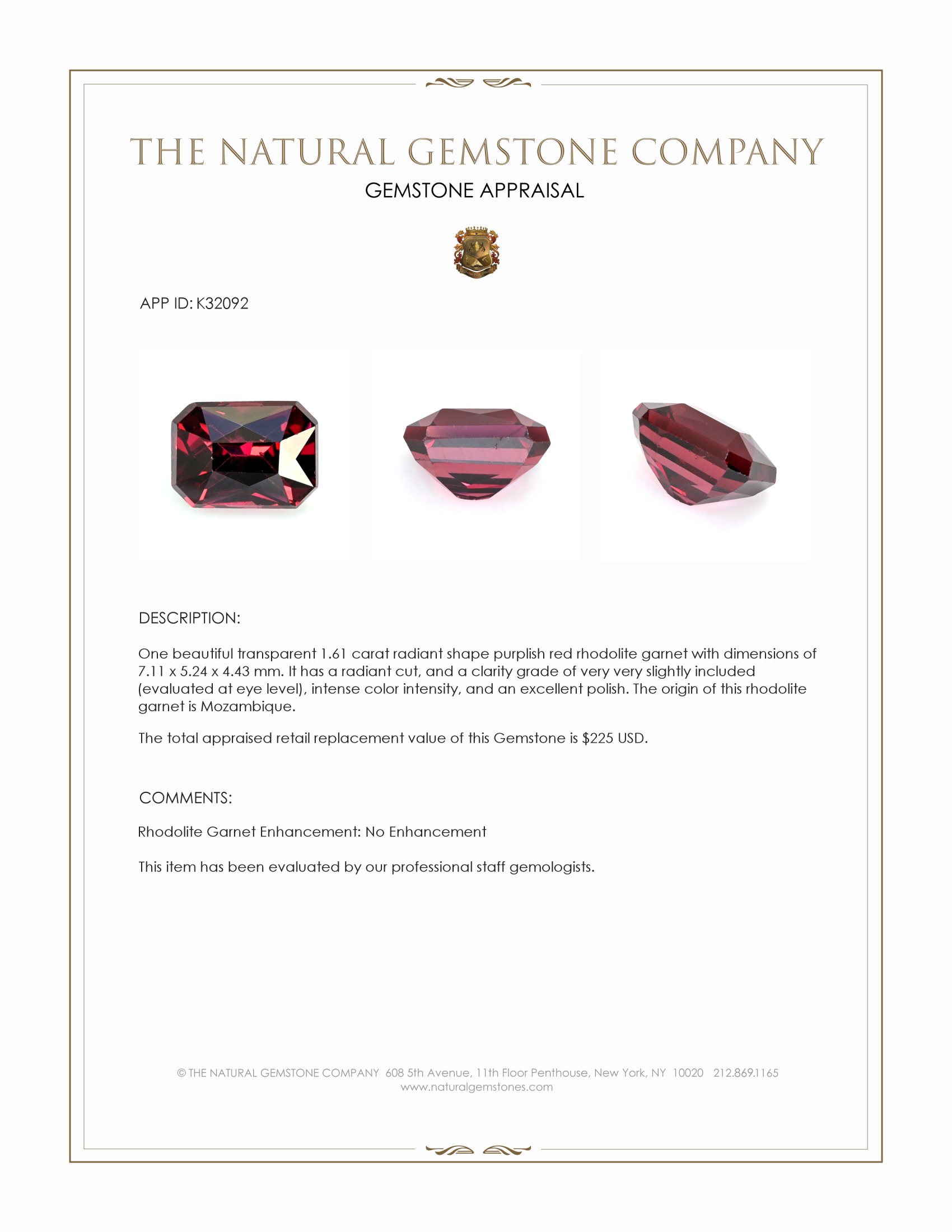 1.61 Ct. Purplish Red Rhodolite Garnet from Mozambique