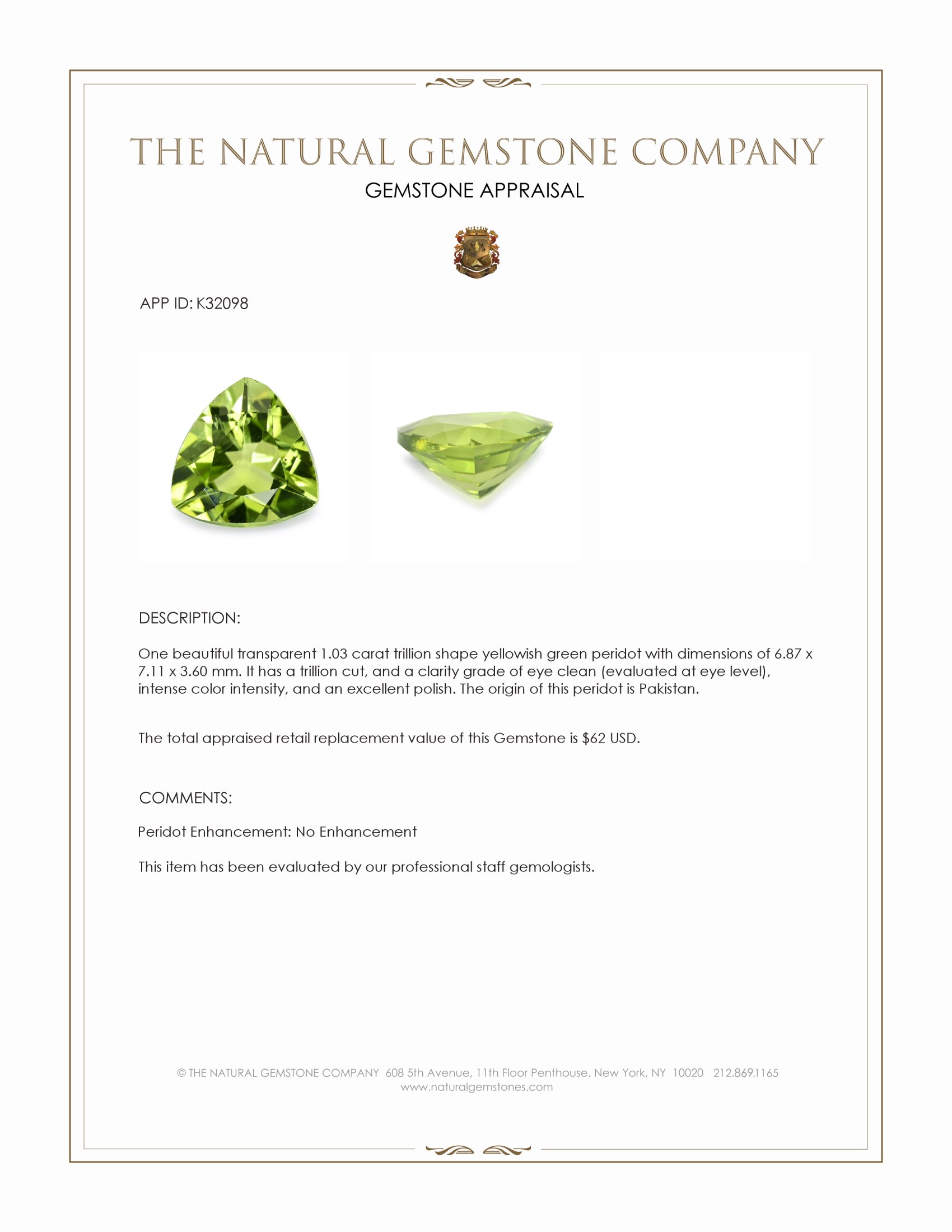 1.03 Ct. Yellowish Green Peridot from Pakistan