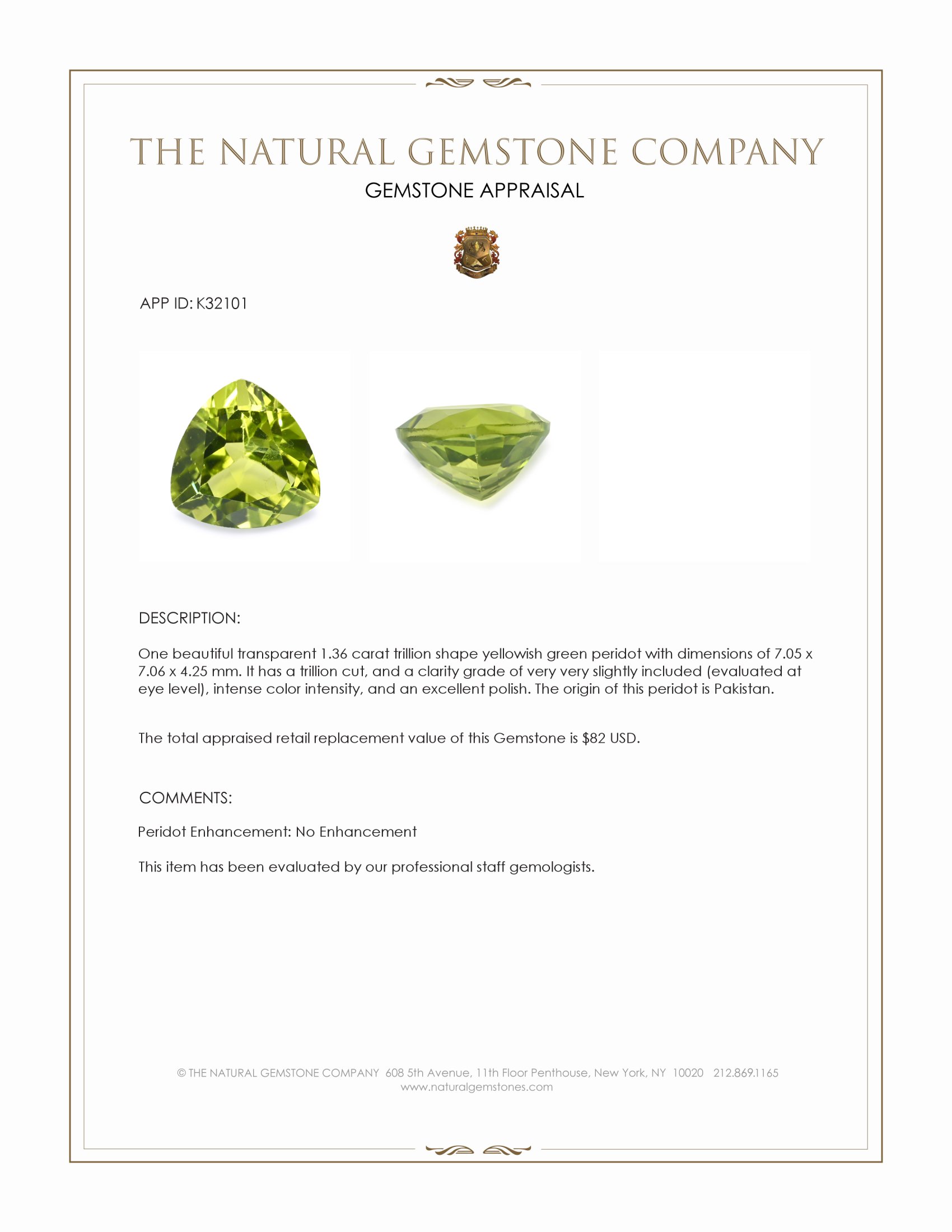 1.36 Ct. Yellowish Green Peridot from Pakistan