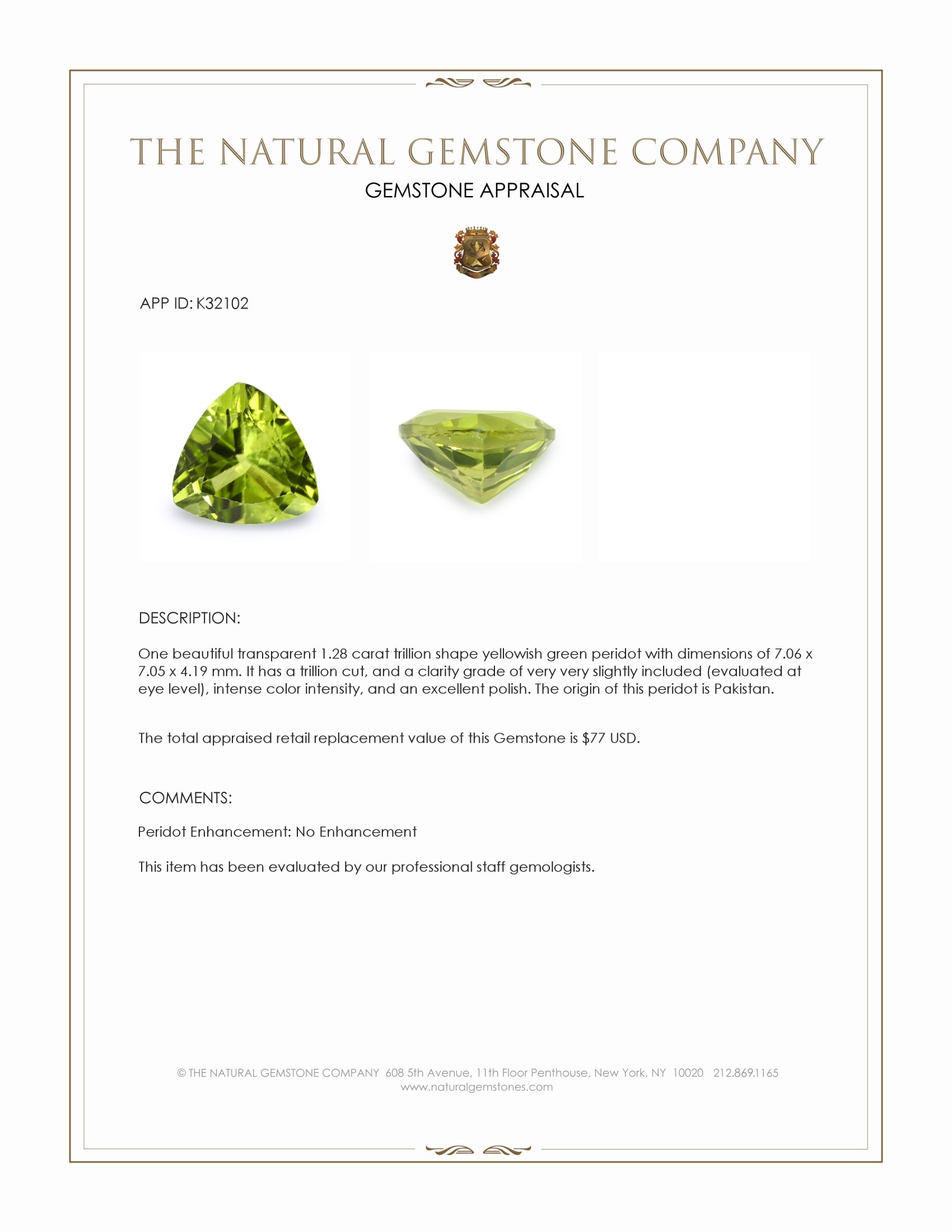 1.28 Ct. Yellowish Green Peridot from Pakistan