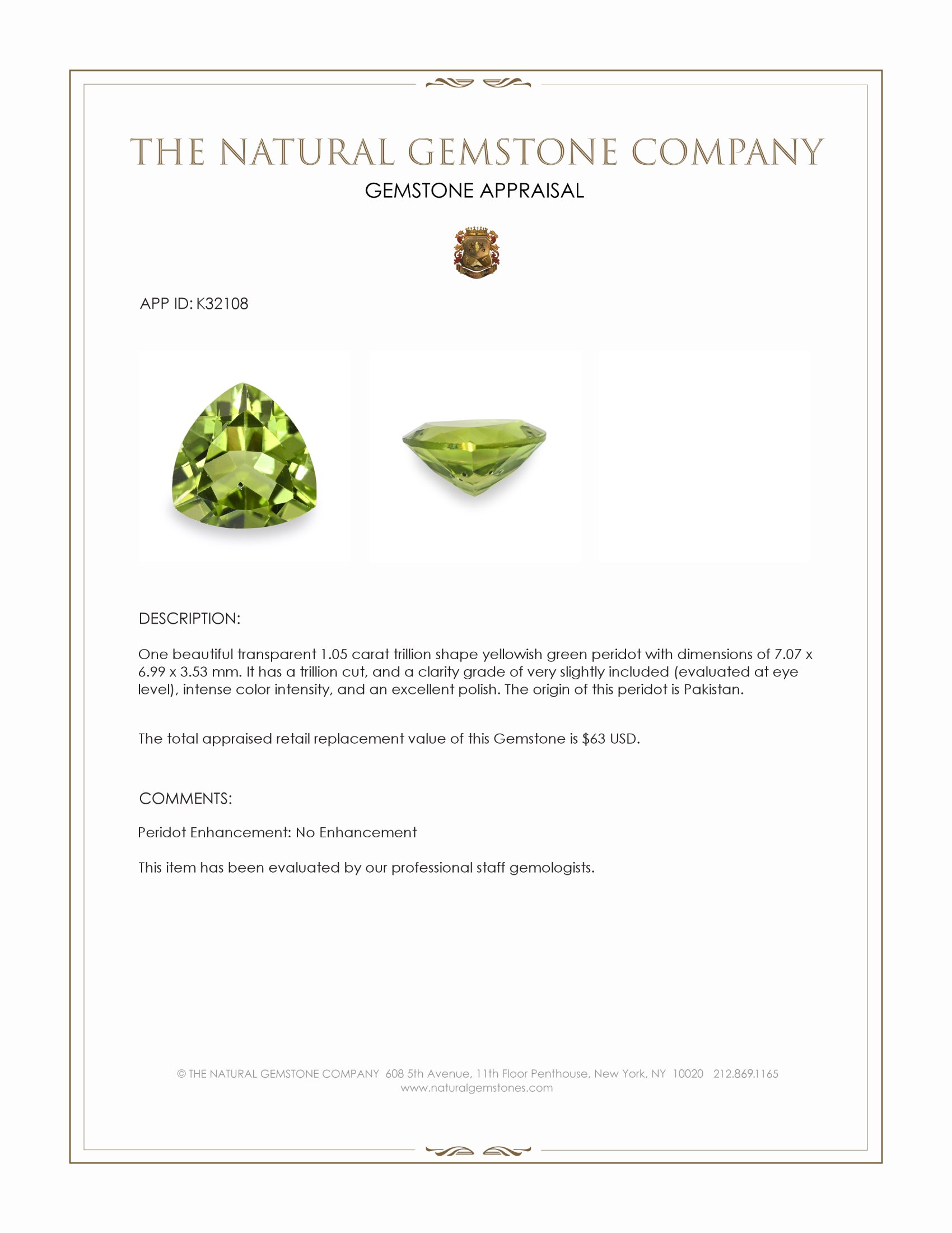 1.05 Ct. Yellowish Green Peridot from Pakistan