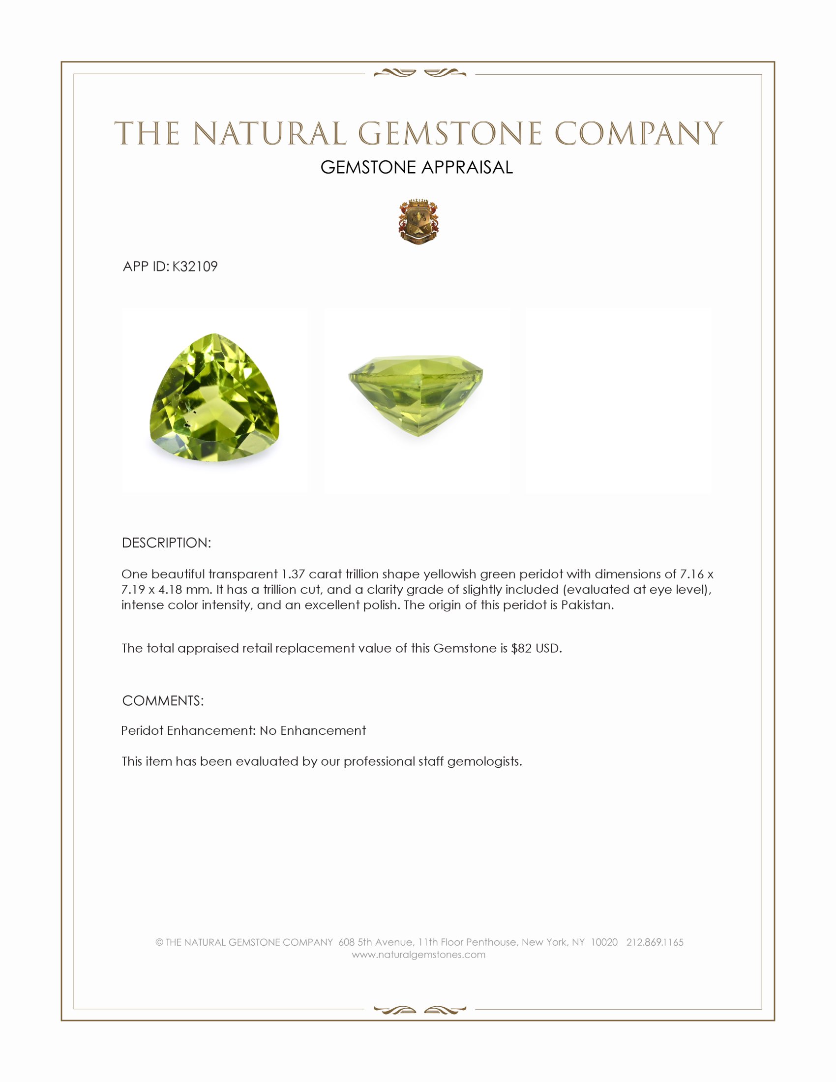 1.37 Ct. Yellowish Green Peridot from Pakistan