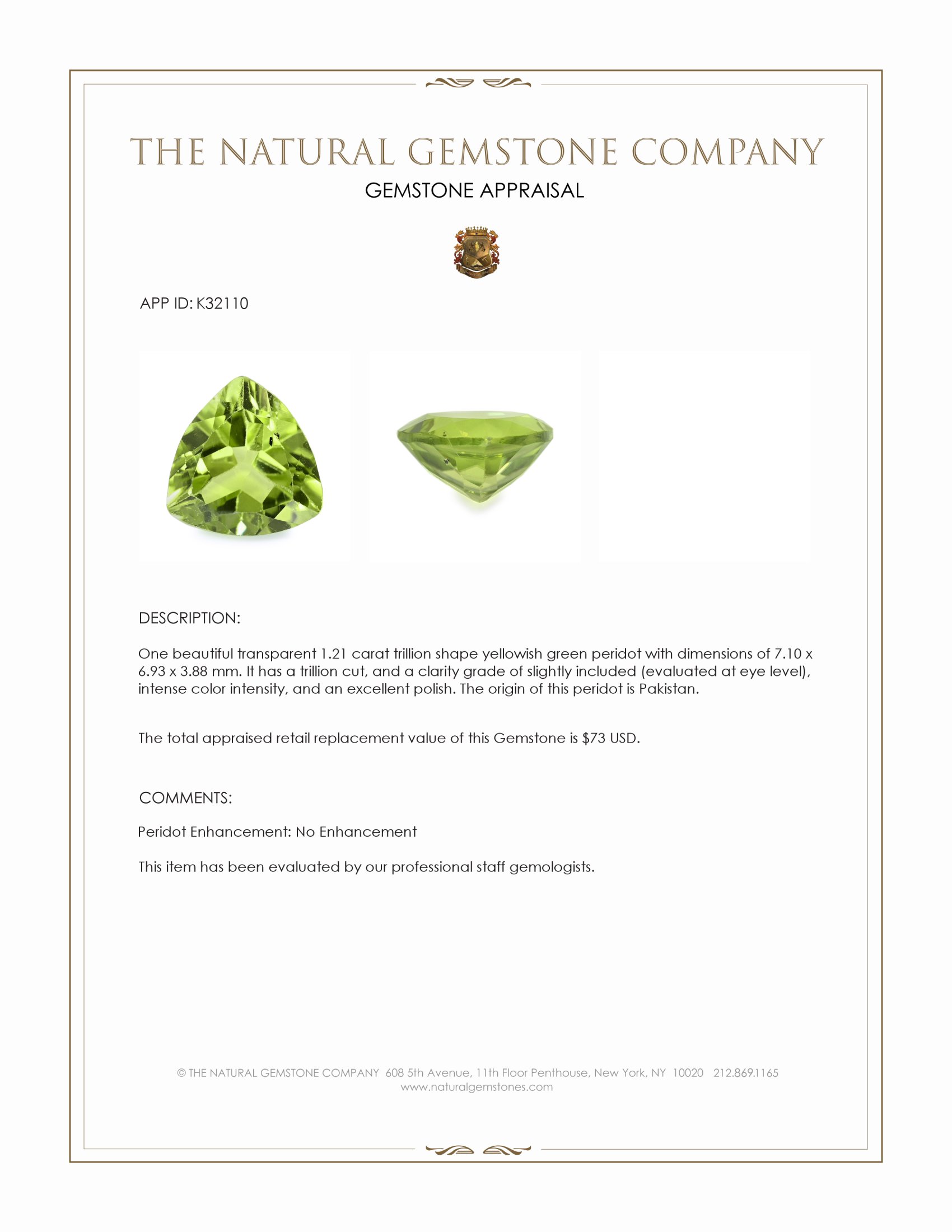 1.21 Ct. Yellowish Green Peridot from Pakistan