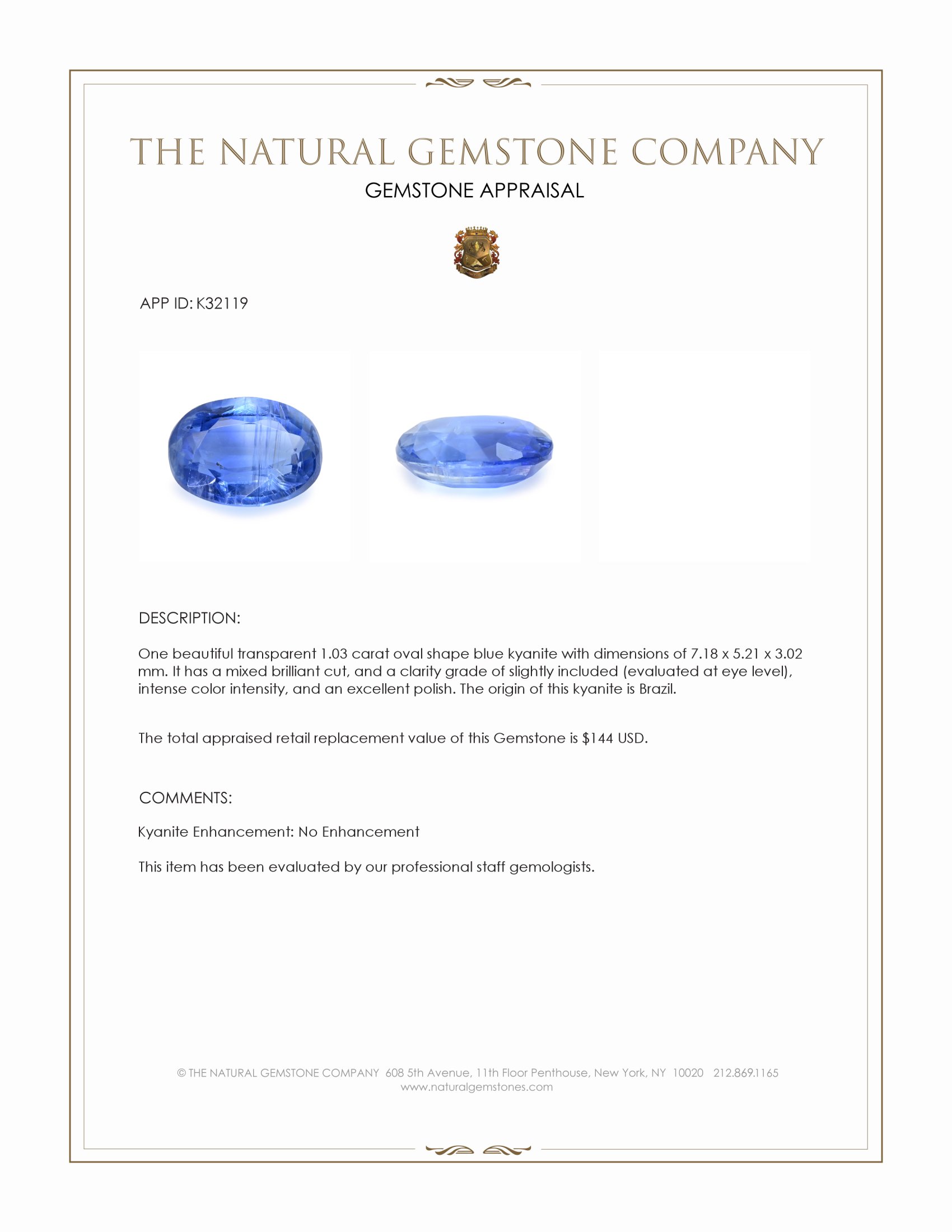1.03 Ct. Blue Kyanite from Brazil