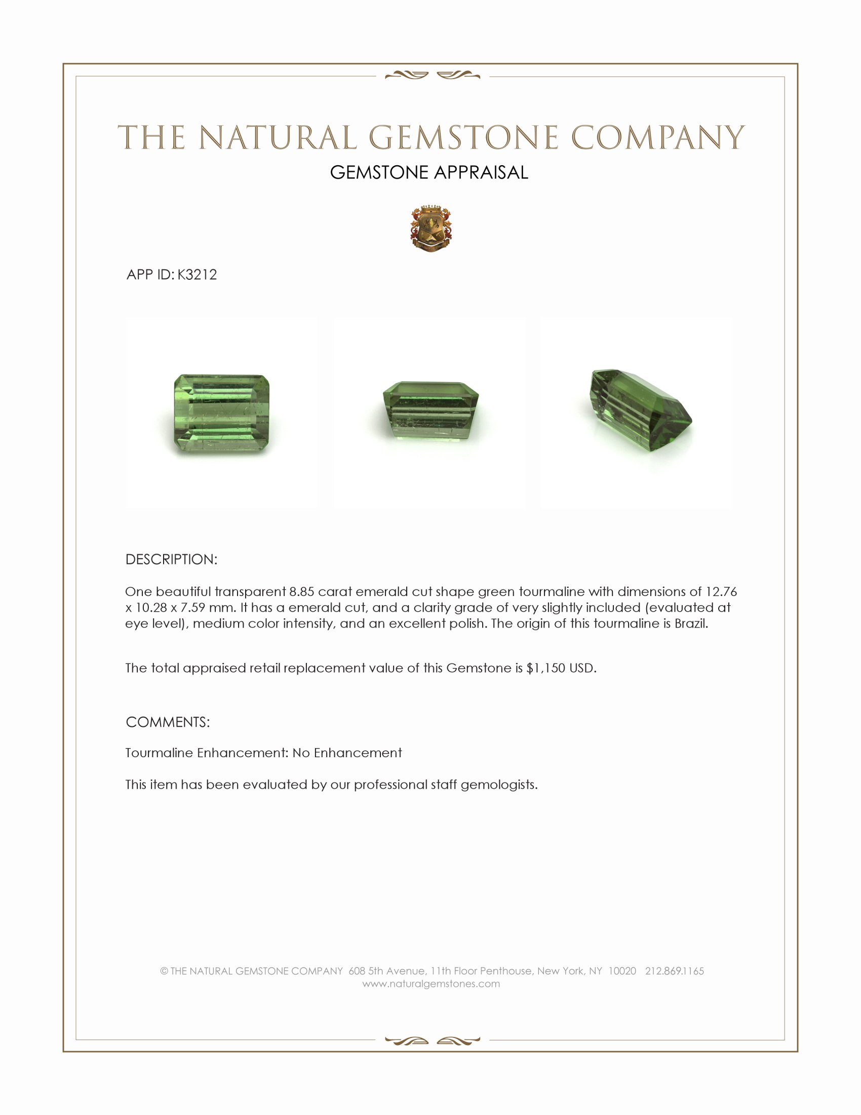 8.85 Ct. Green Tourmaline from Brazil