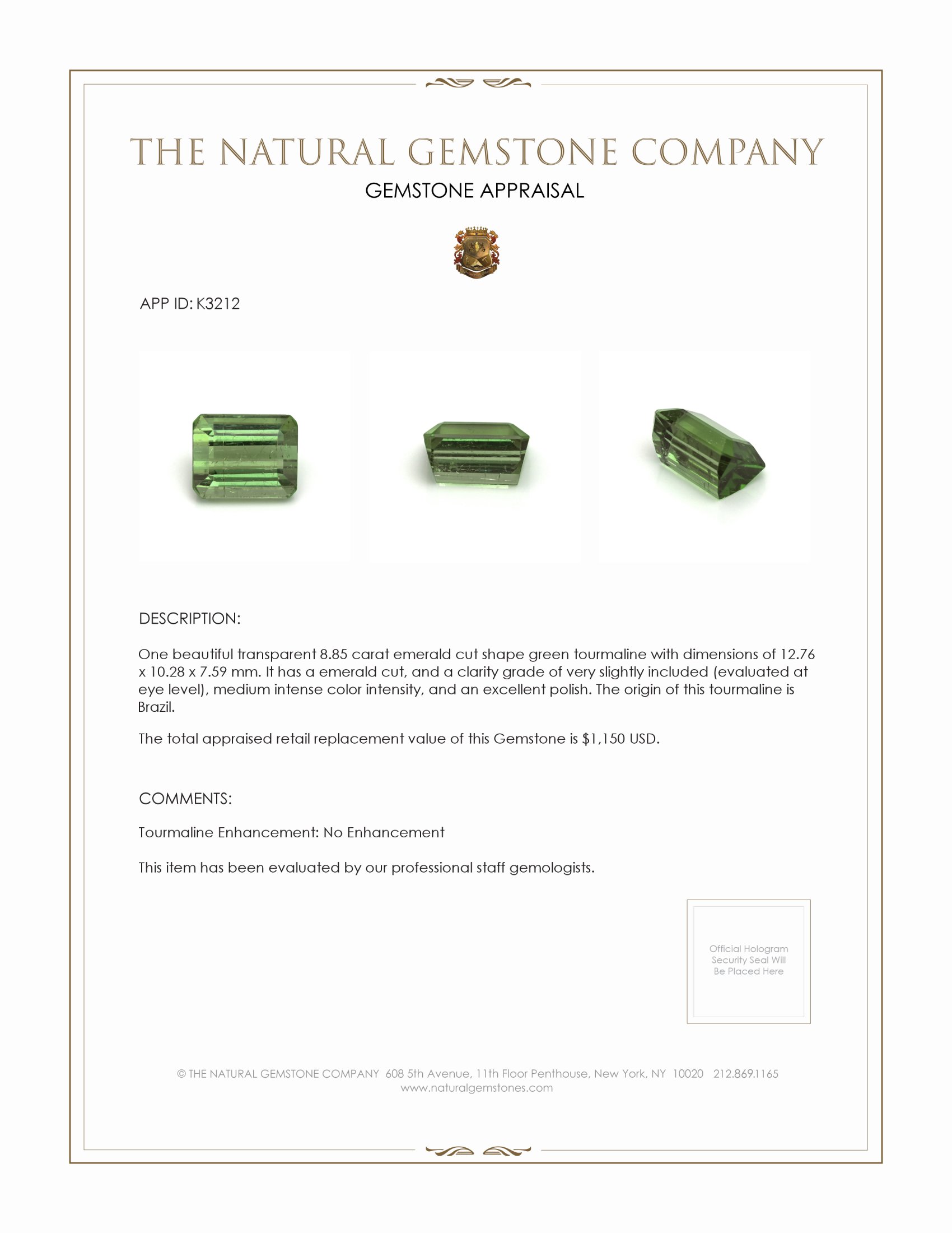 8.85 Ct. Tourmaline from Brazil