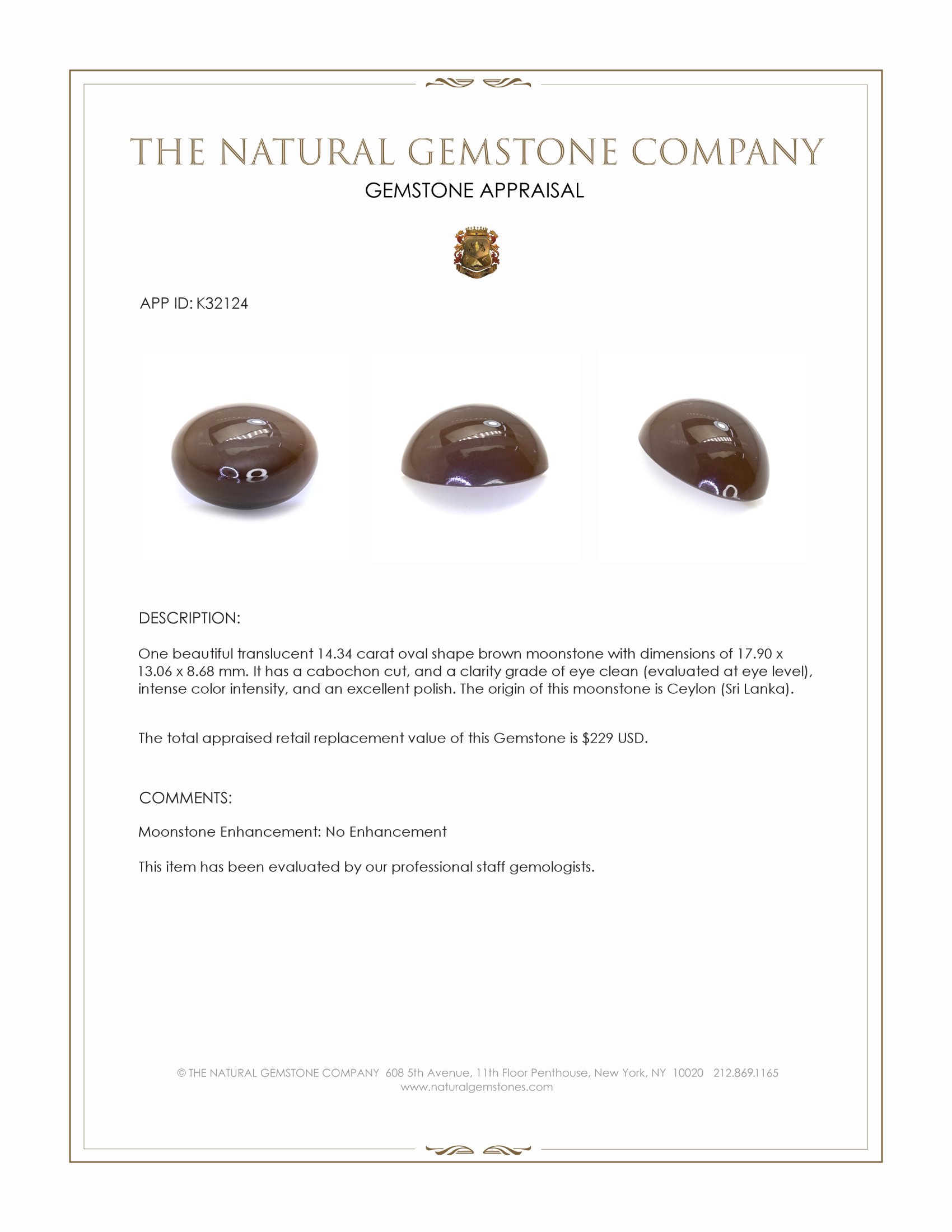 14.34 Ct. Brown Cabochon Moonstone from Ceylon (Sri Lanka)