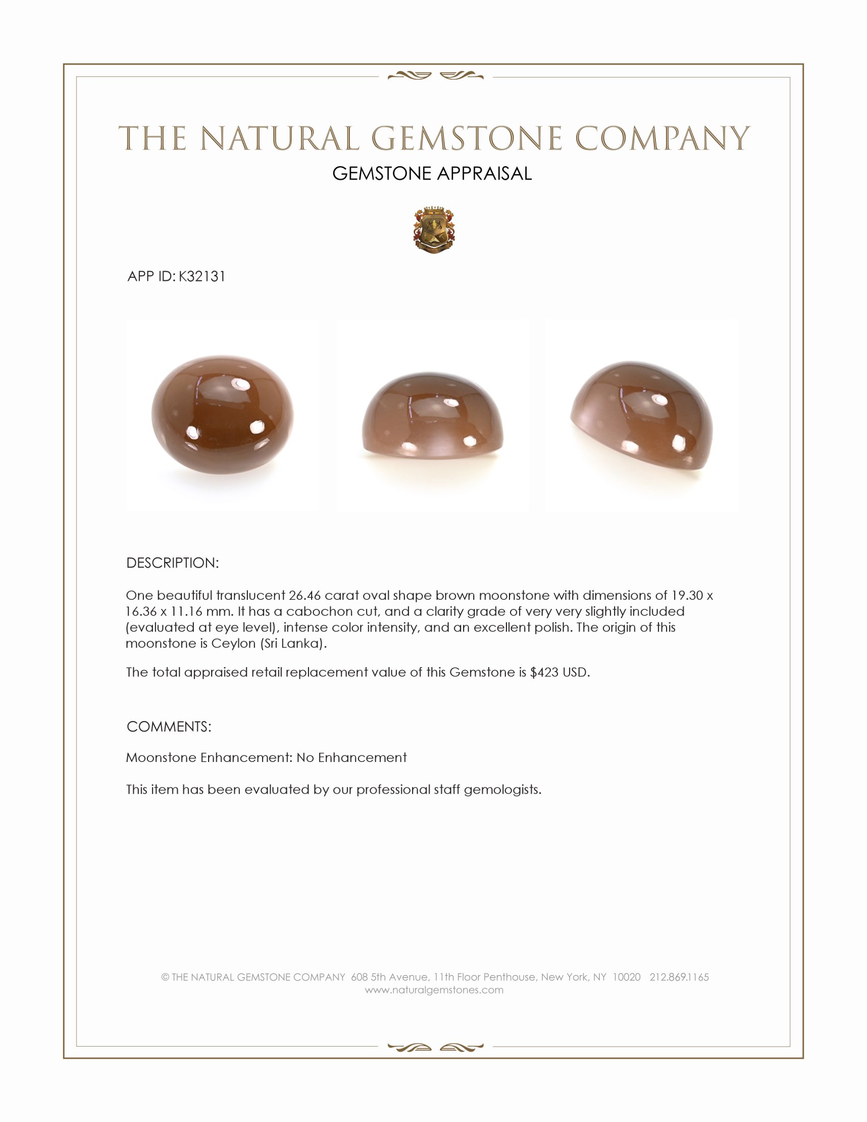 26.46 Ct. Brown Cabochon Moonstone from Ceylon (Sri Lanka)