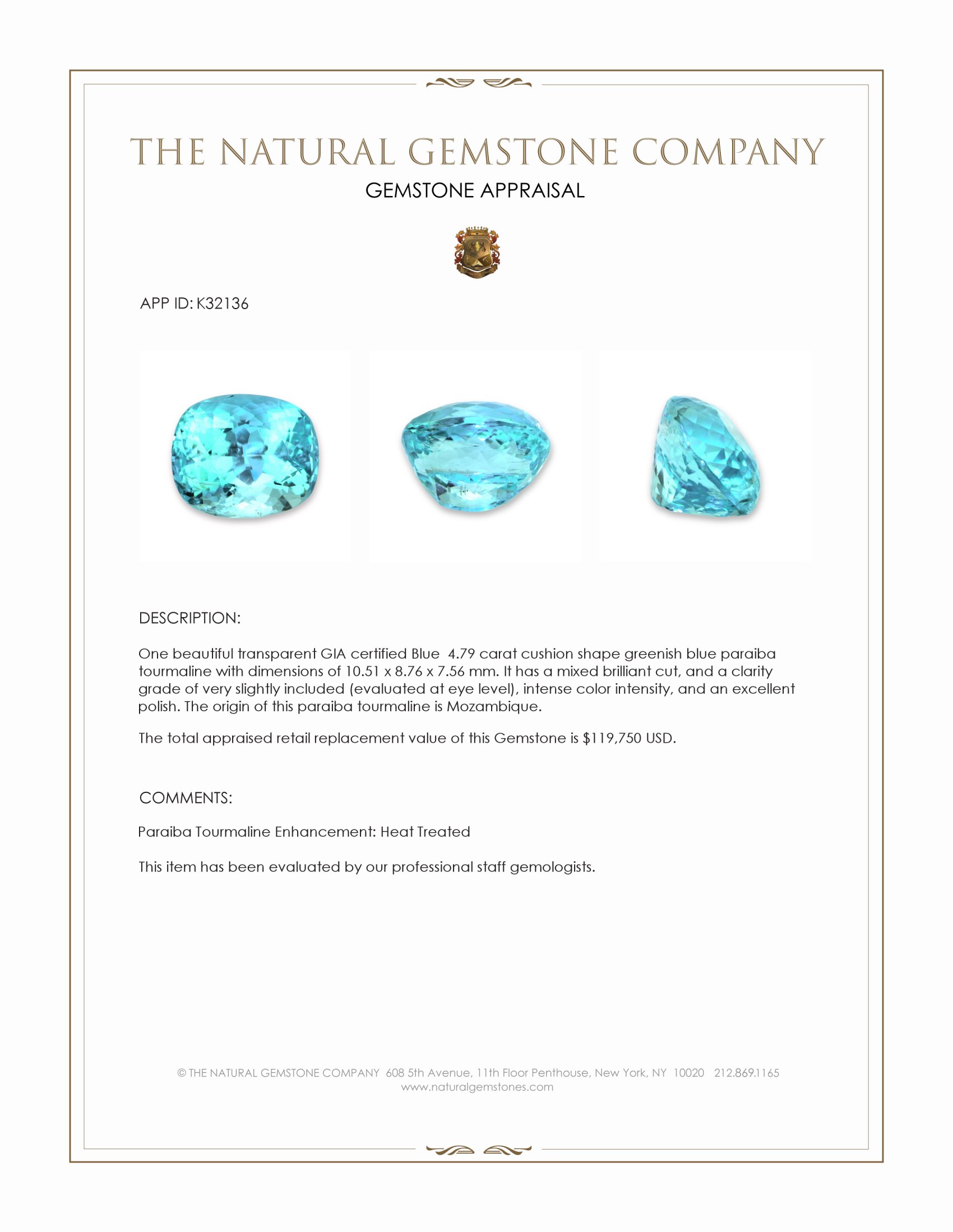 4.79 Ct. Greenish Blue Paraiba Tourmaline from Mozambique