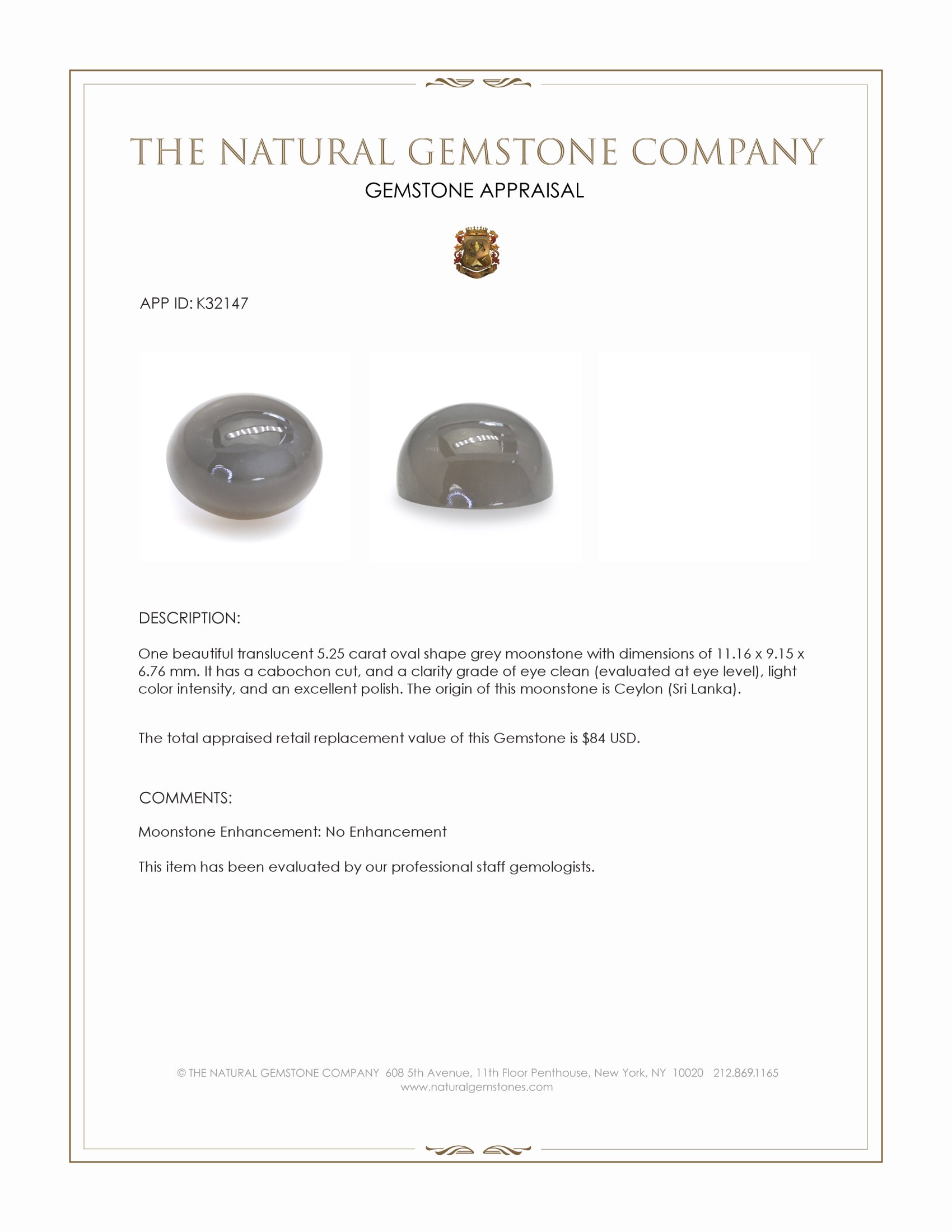 5.25 Ct. Grey Cabochon Moonstone from Ceylon (Sri Lanka)