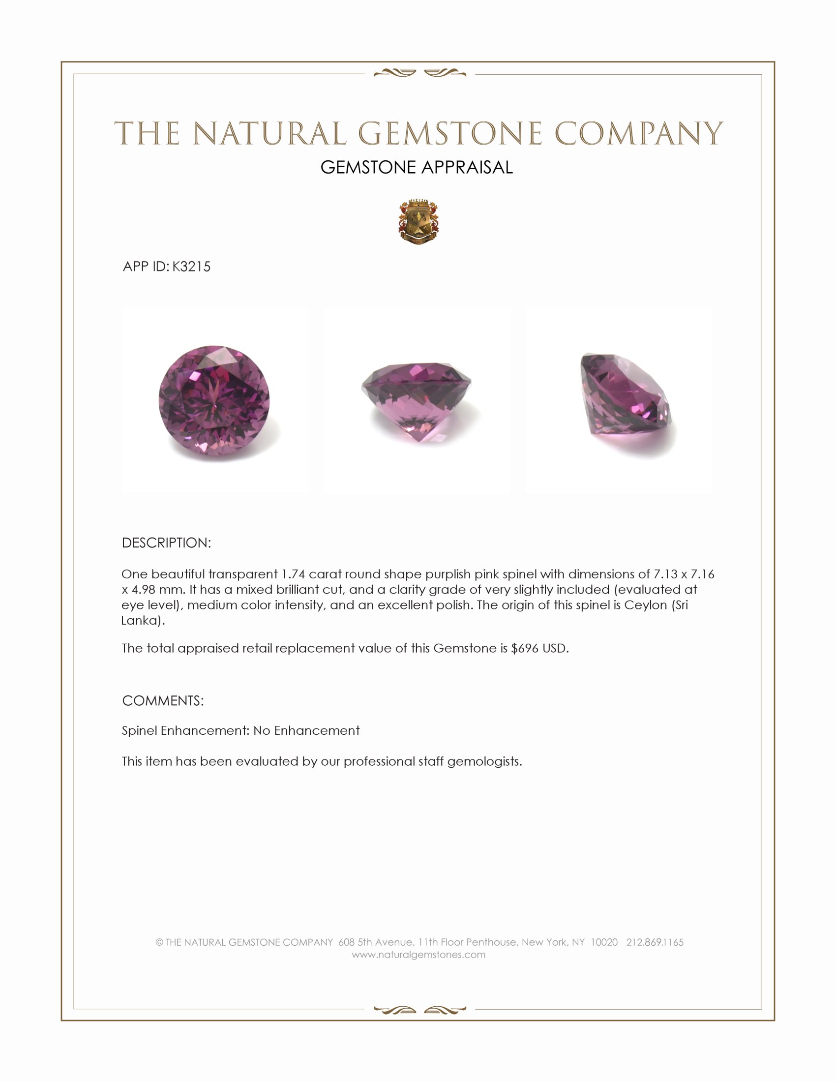 1.74 Ct. Spinel from Ceylon (Sri Lanka)