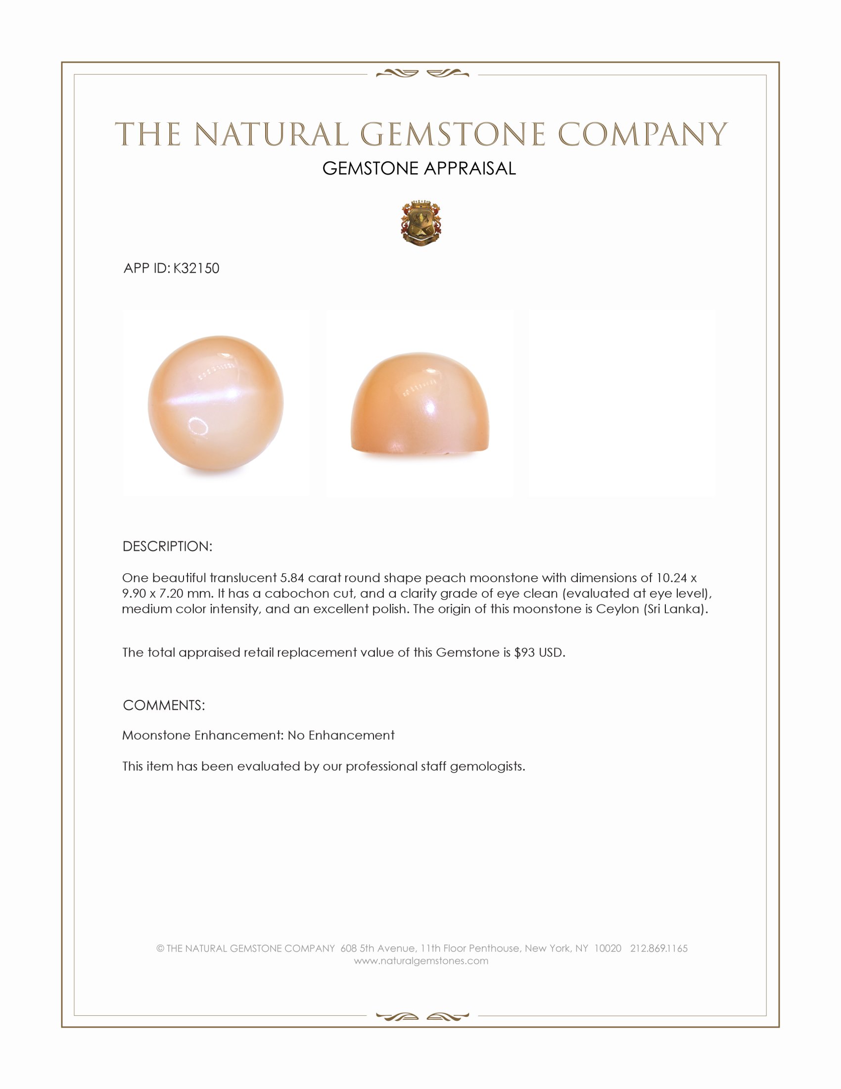 5.84 Ct. Peach Cabochon Moonstone from Ceylon (Sri Lanka)
